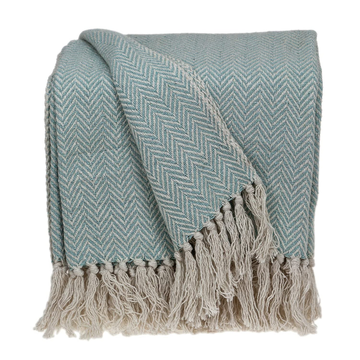 HomeRoots Blue 100% Cotton Handloomed Pale Aqua Cotton Throw Blanket with Tassels