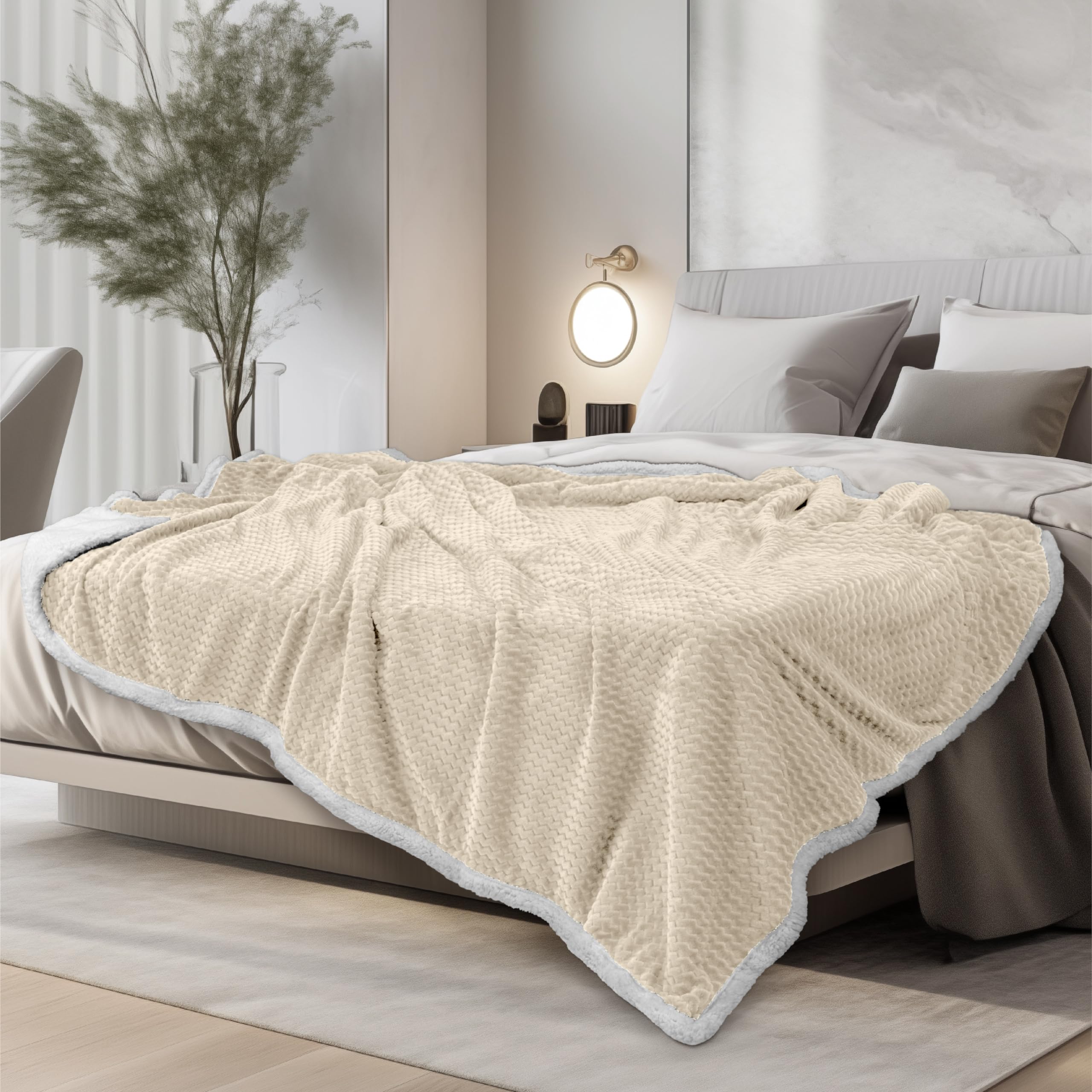 Pavilia Cream Twin Bed Blanket Reversible Sherpa Chevron, Soft Cozy Jacquard Weave Textured Throw Sofa Couch, Thick Warm Large F