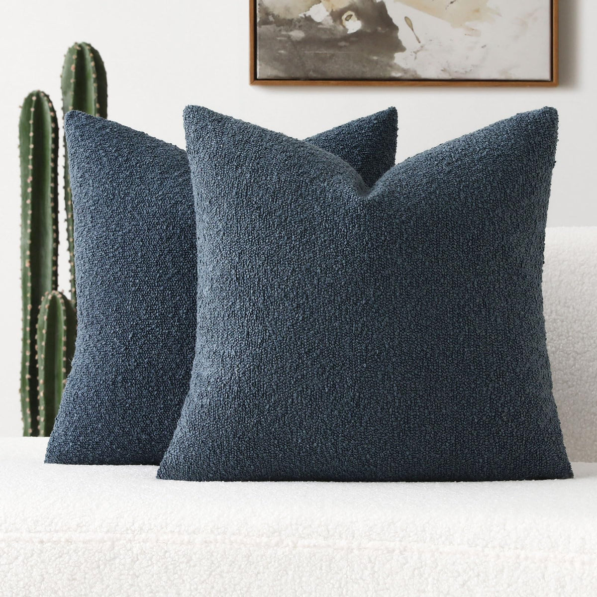 Futei Pack Of 2 Haze Blue Boucle Accent Decorative Throw Pillow Covers,22X22 Inch Soft Solid Textured Cushion Case,Home Decor Fo