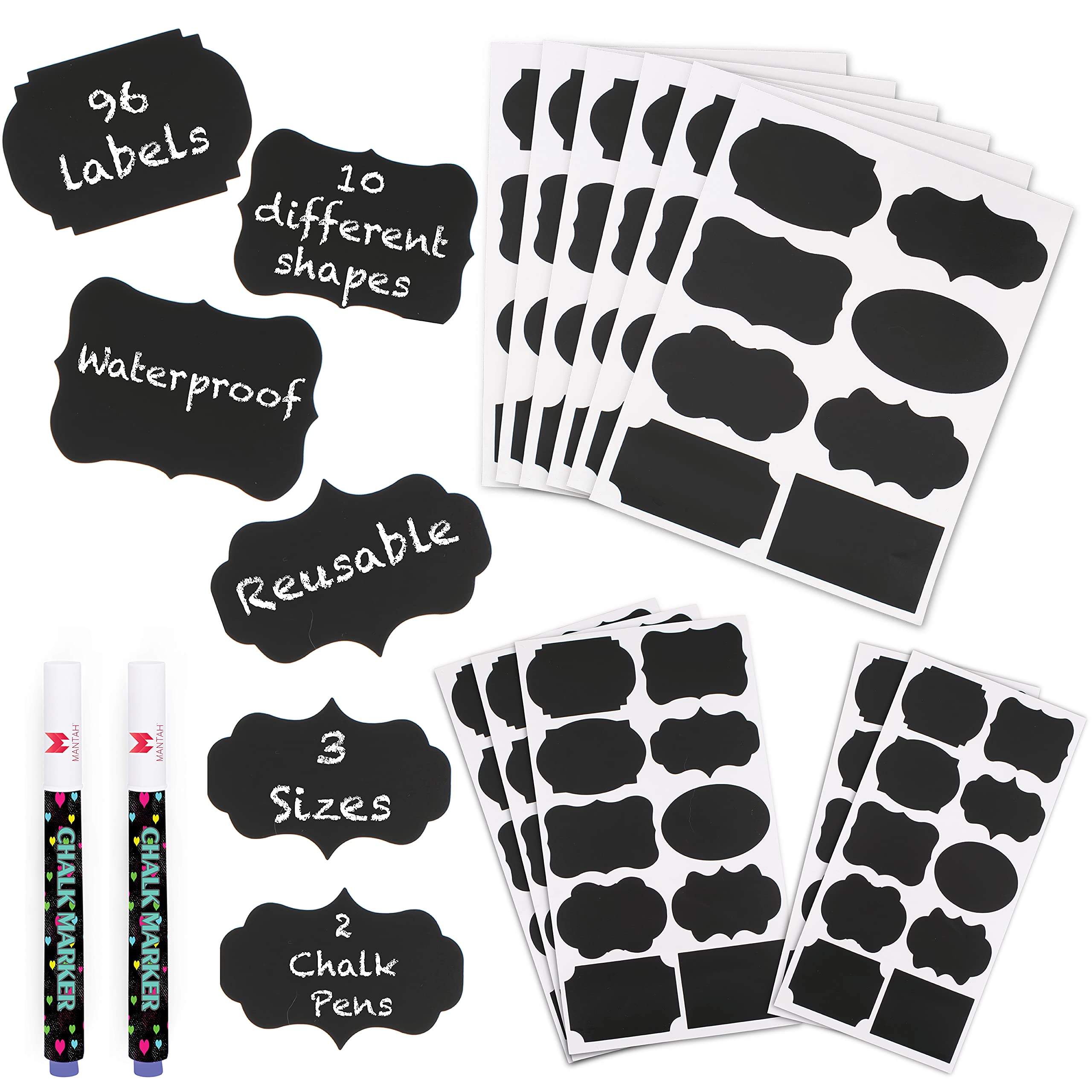 Mantah Chalkboard Label Stickers 96Pcs - 9 Assorted Shapes In 3 Sizes With 2 White Chalk Marker, Reusable Waterproof Label For S