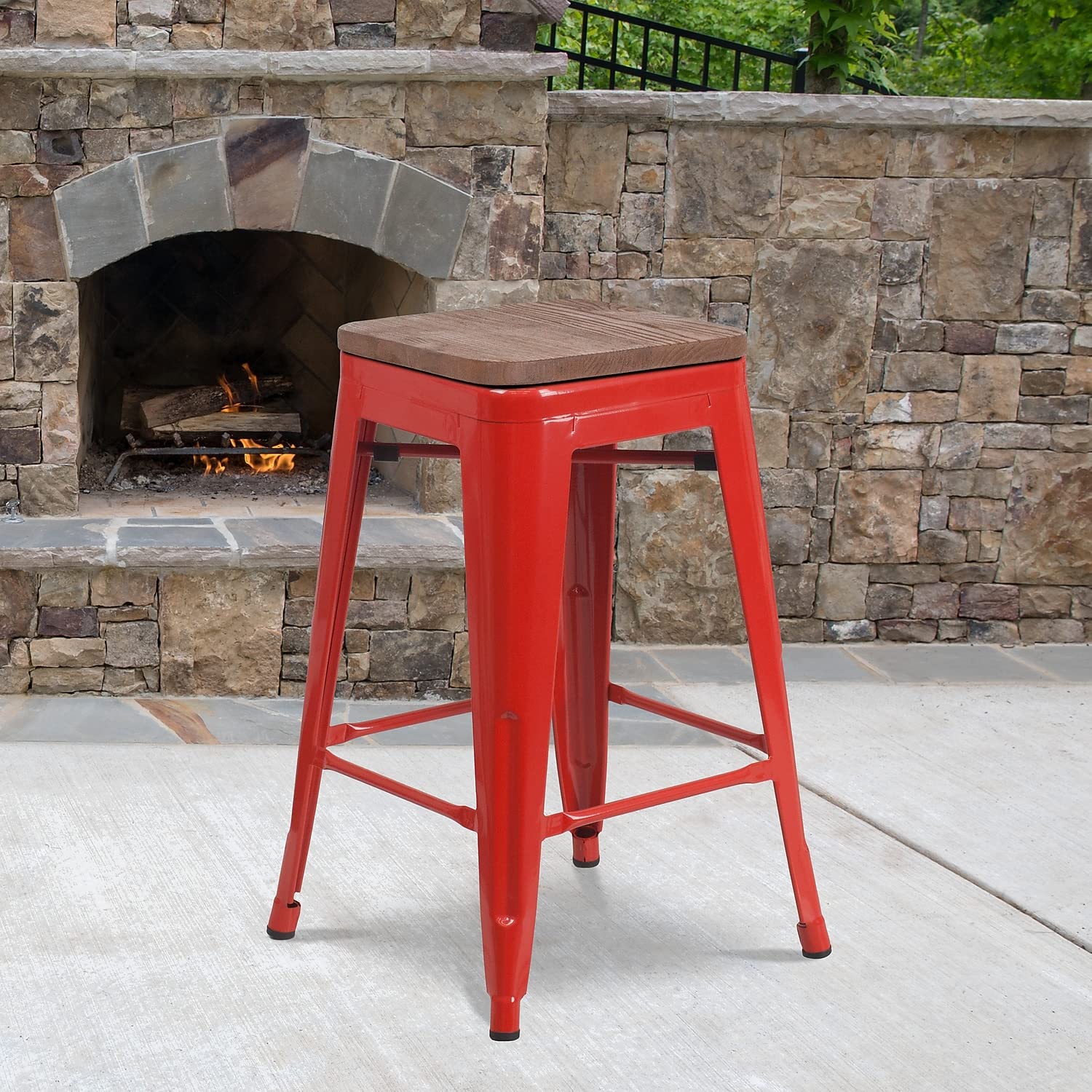 Flash Furniture Lily 24&quot; High Backless Red Metal Counter Height Stool with Square Wood Seat