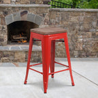 Flash Furniture Lily 24" High Backless Red Metal Counter Height Stool with Square Wood Seat