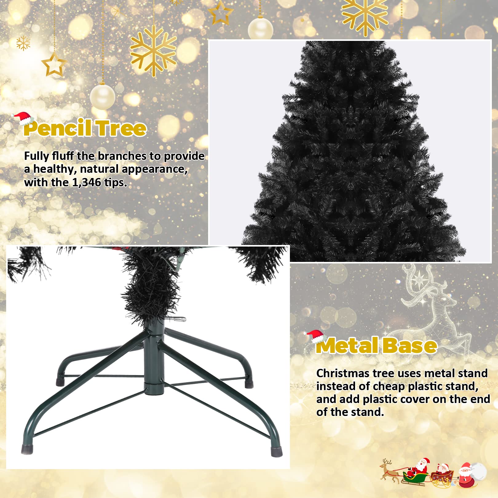 7.5Ft Black Artificial Halloween Tree, Unlit Full Holiday Christmas Tree Premium Hinged Spruce Xmas Tree With 1346 Branch Tips A