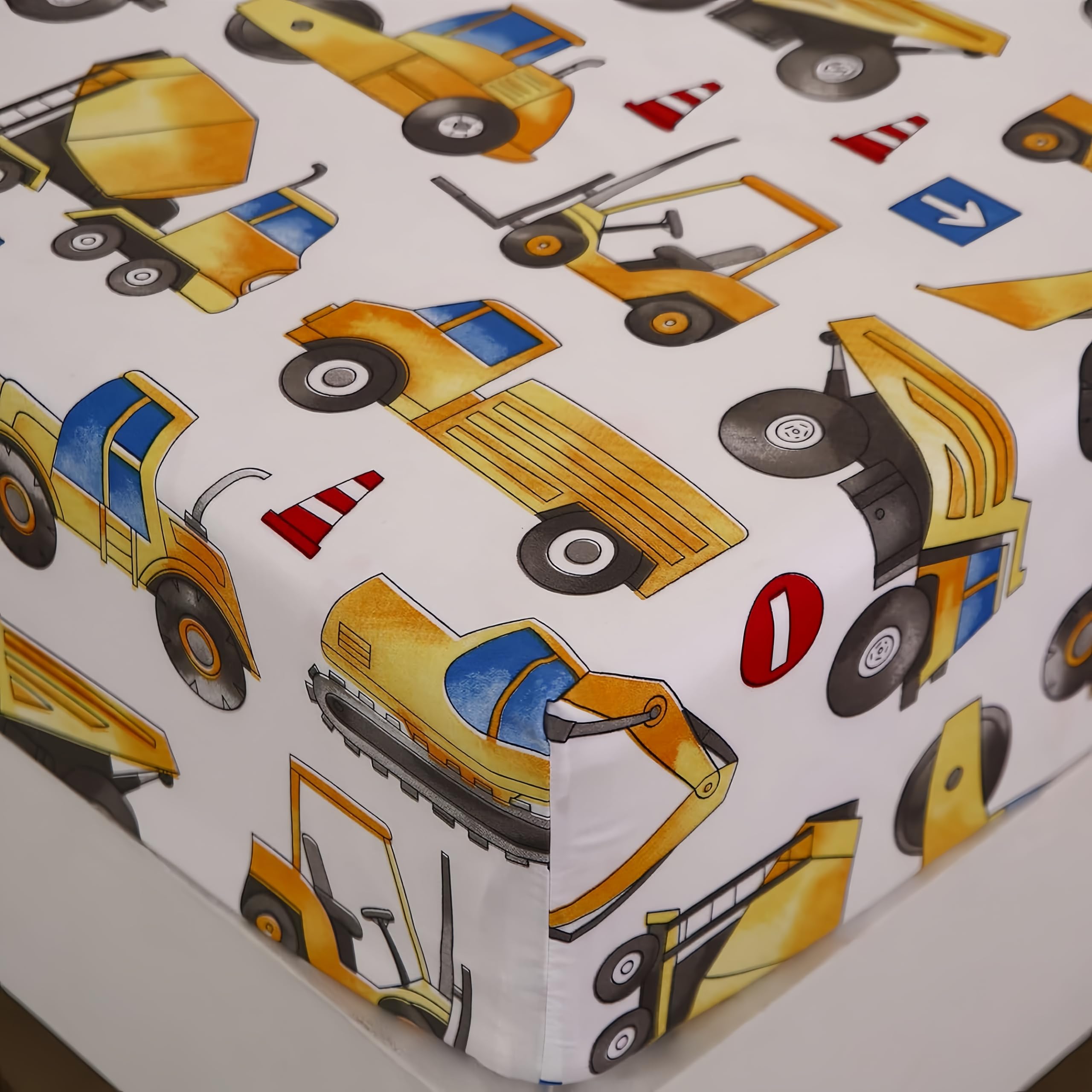 Sdy 4Pcs Car Bedding Sheets Twin Size, Construction Print Sheet Set Included 1 Fitted Sheet With 14'' Deep Pocket + 1 Top Flat S