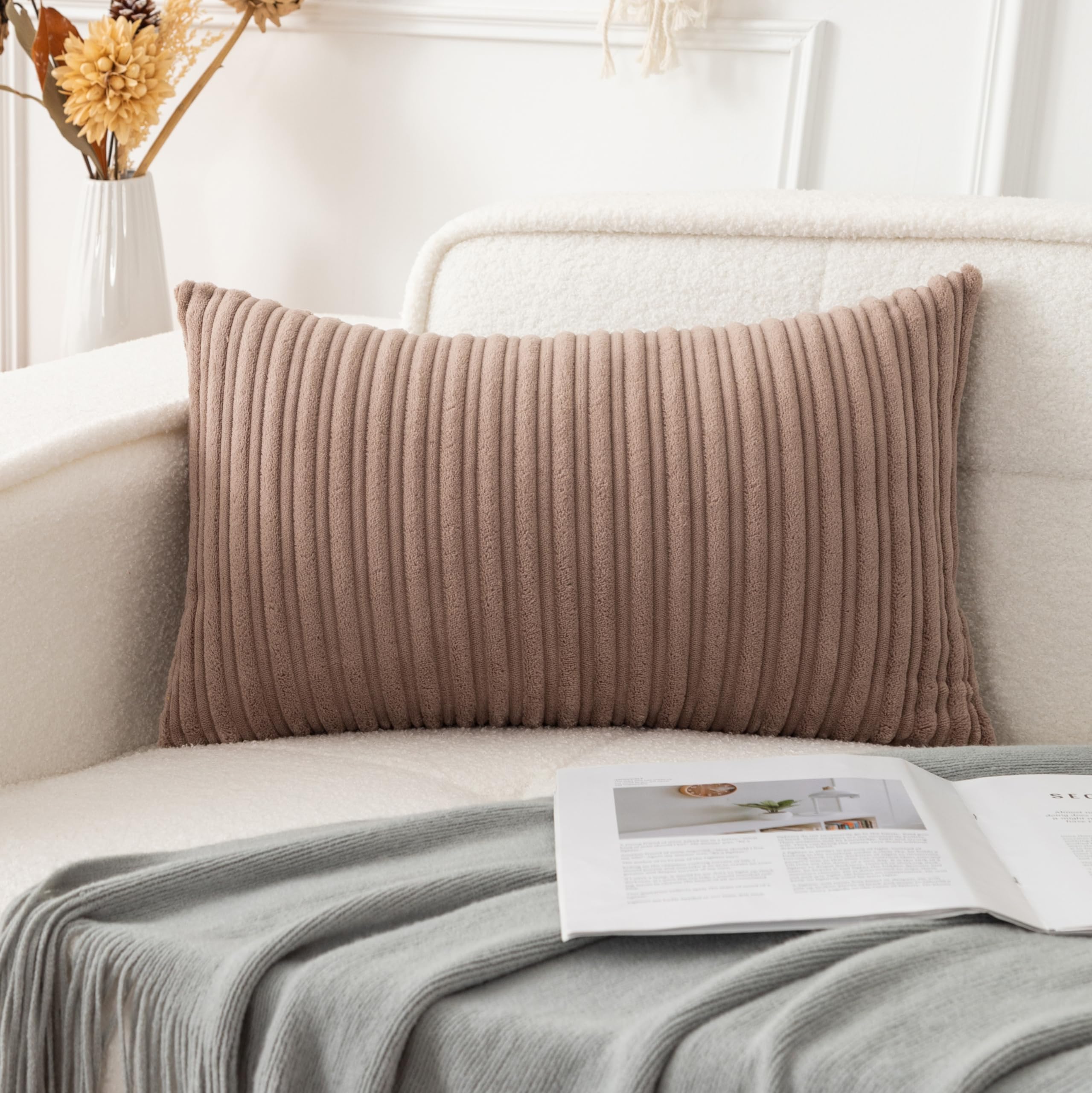 Ugasa Soft Velvet Stripe Decorative Lumbar Pillow Cover 1 Pack Solid Corduroy Textured Euro Oblong Cushion Case For Couch Bedroo