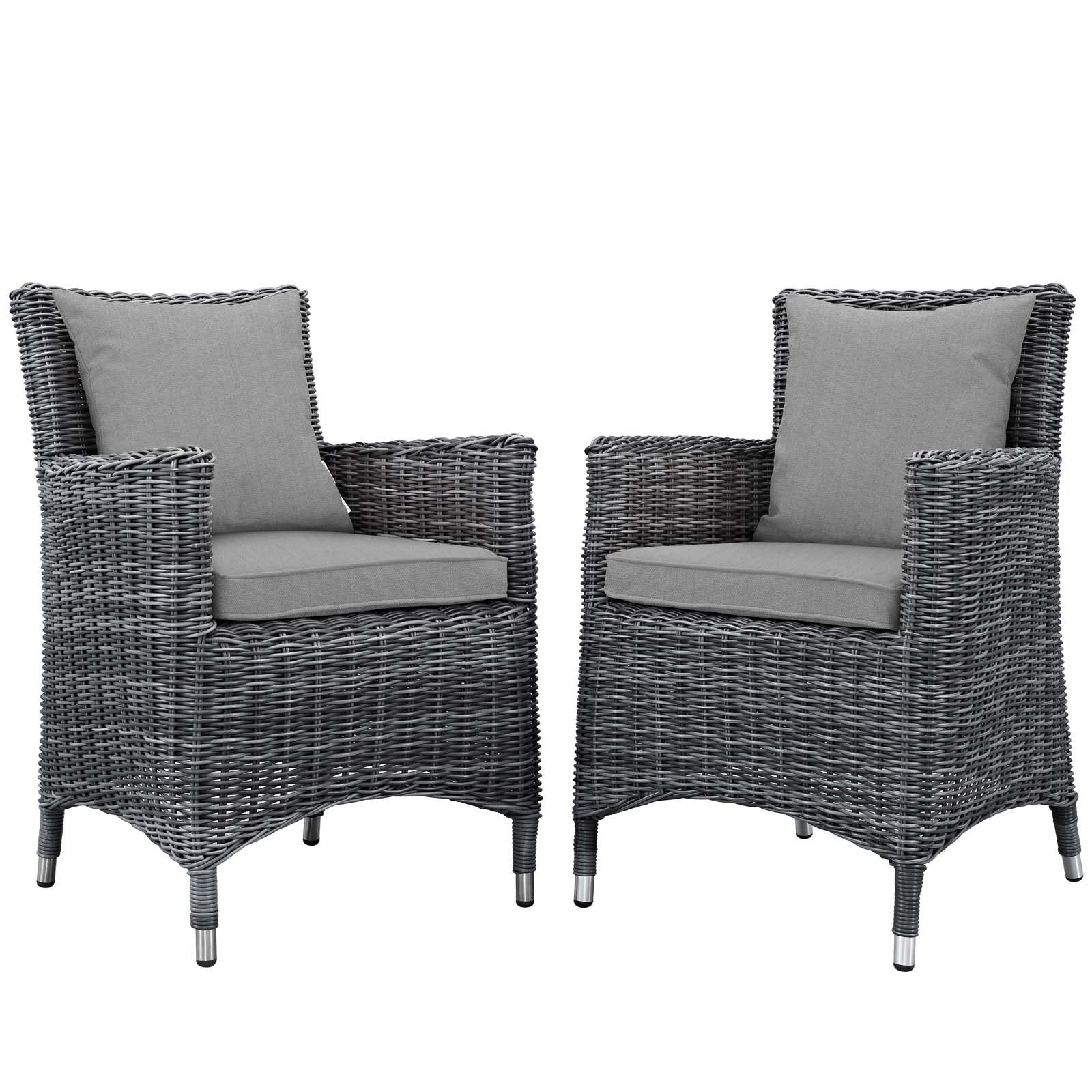 Modway Summon Wicker Rattan Aluminum Outdoor Patio Two Dining Arm Chairs With Sunbrella® Fabric Cushions In Canvas Gray