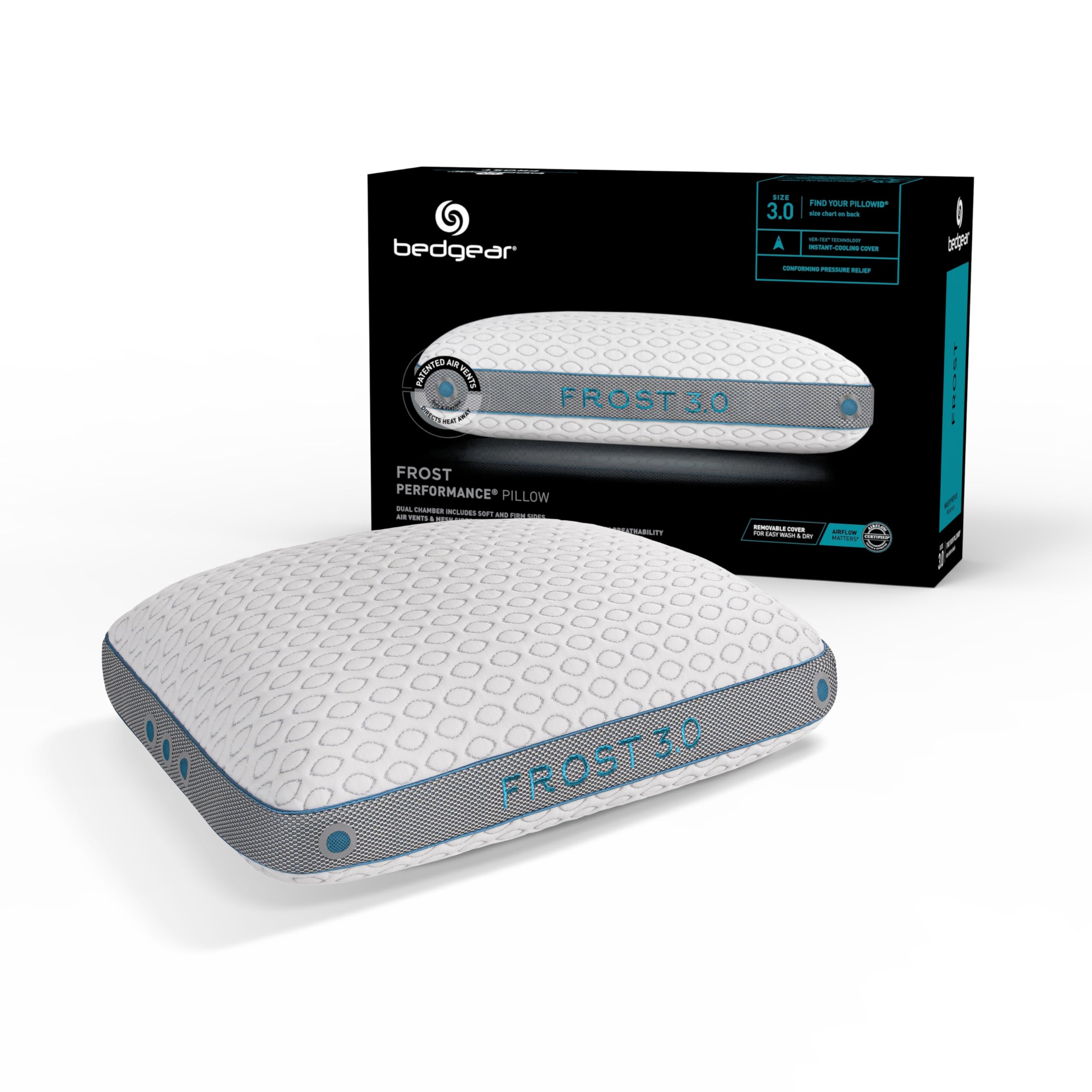 Bedgear Frost Performance Pillow - Size 3.0 - Cooling Bed Pillow for Hot Sleepers - Medium Firmness Pillow for All Sleep Positio