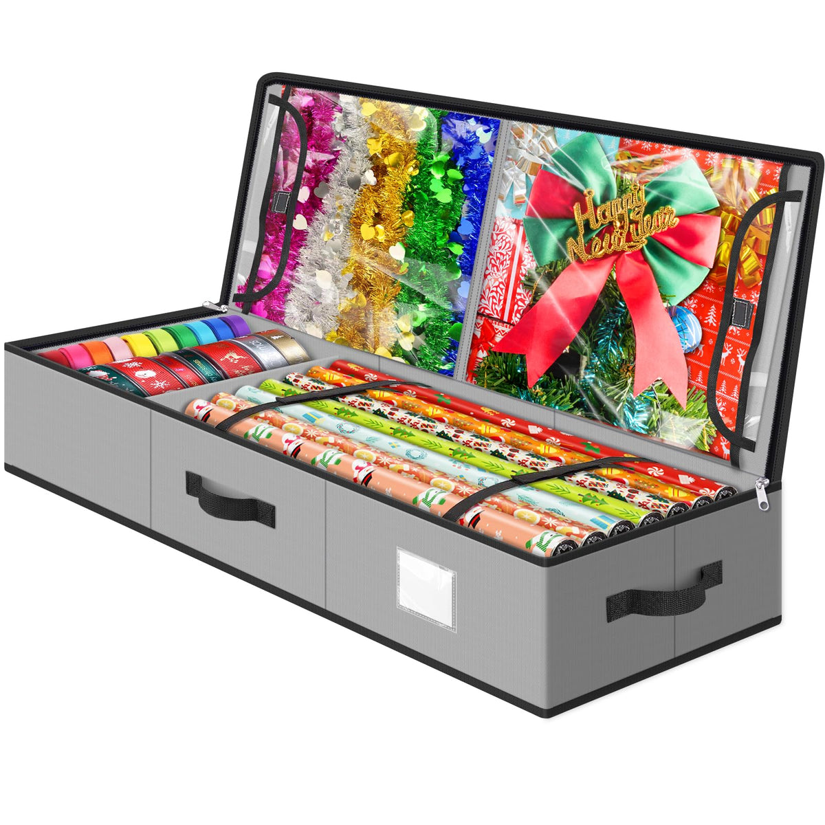 BlessedSeason Wrapping Paper Storage Organizer for 40 Inch Christmas Gifts Wrapping Paper, 2 Visible Supplies Pockets for Holida
