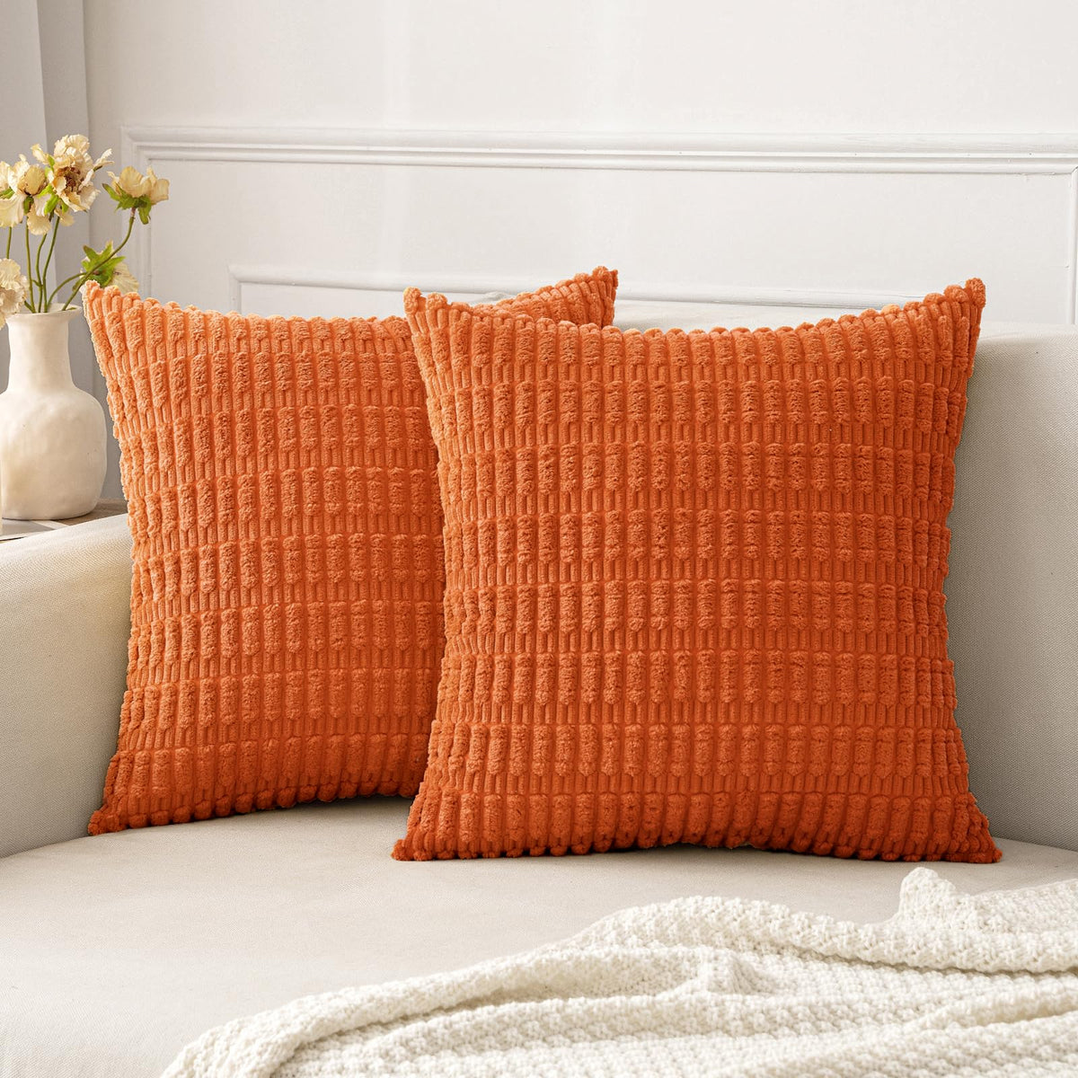 Miulee Pack Of 2 Decorative Orange Throw Pillow Covers 16X16 Inch Soft Boho Striped Corduroy Pillow Covers Modern Farmhouse Home