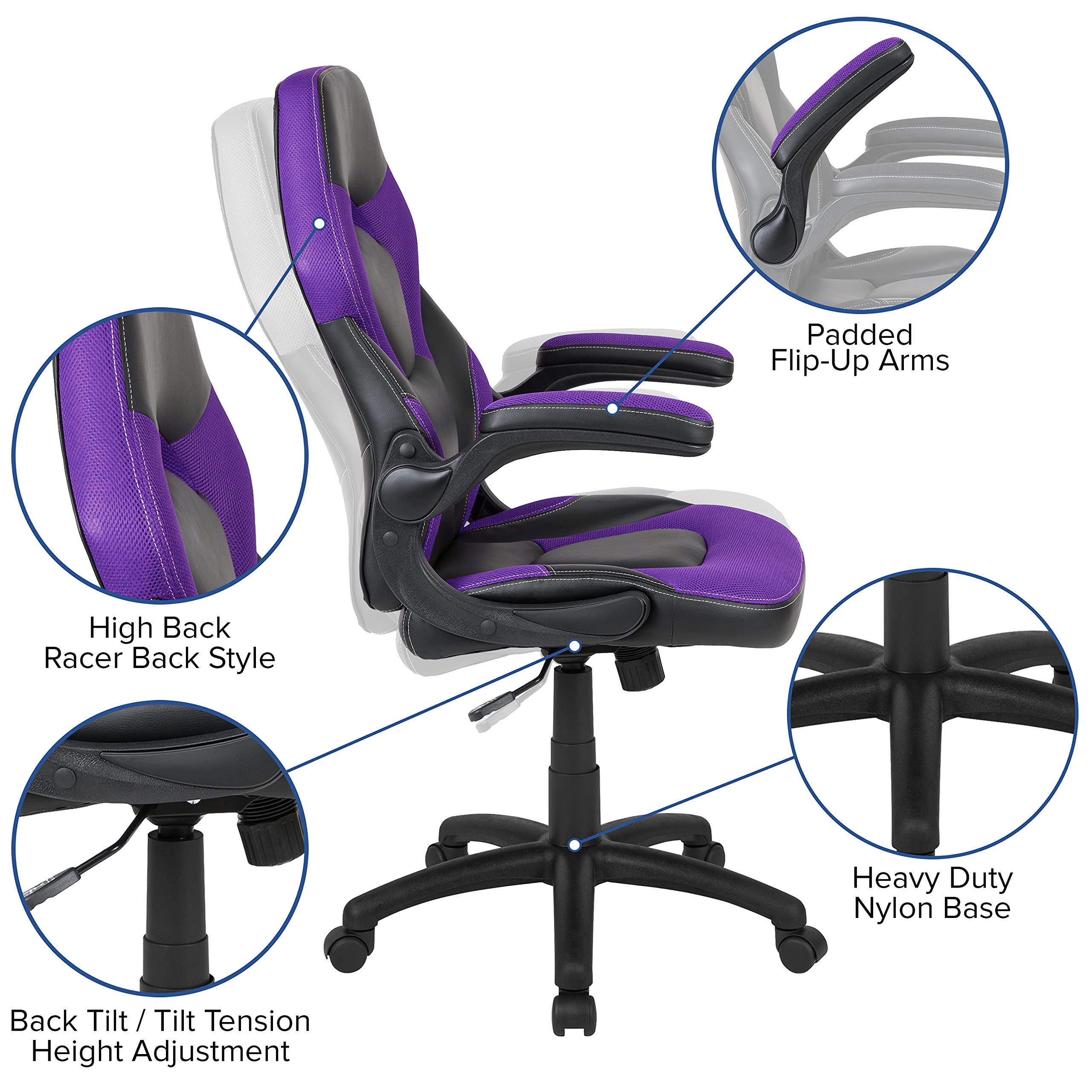 Flash Furniture X10 Gaming Chair Racing Office Ergonomic Computer PC Adjustable Swivel Chair with Flip-up Arms, Purple/Black LeatherSoft
