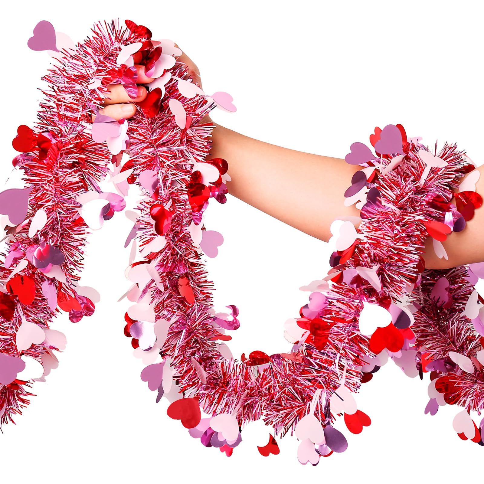 Valentines Day Garland Decor,50Ft Glitter Tinsel Heart Garland Decorations for Tree Mantle Bedroom Office Classroom Party Indoor