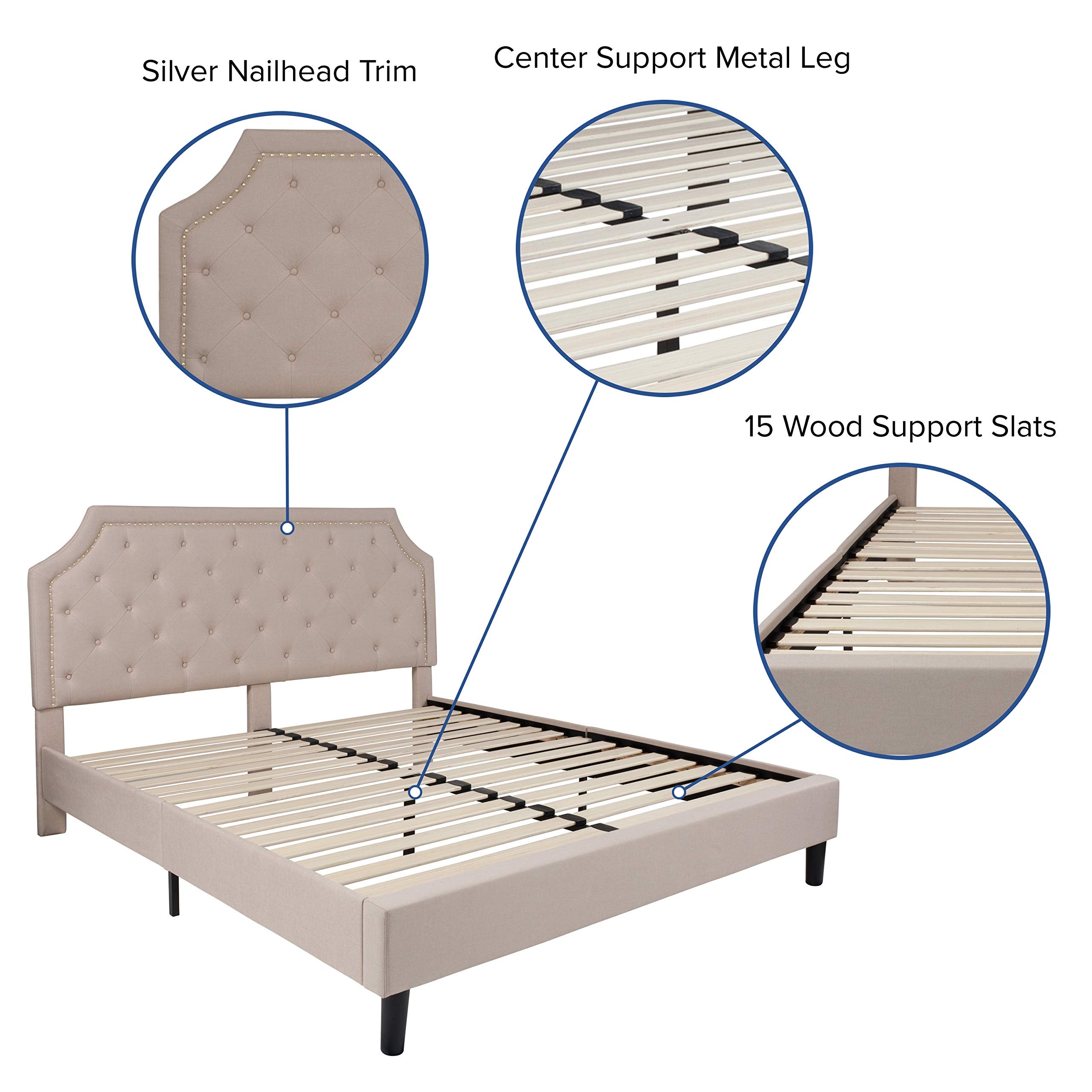Flash Furniture Brighton Fabric Arched Tufted Upholstered King Size Platform Bed, Modern Low-Profile King Bed Frame With Headboard, Beige