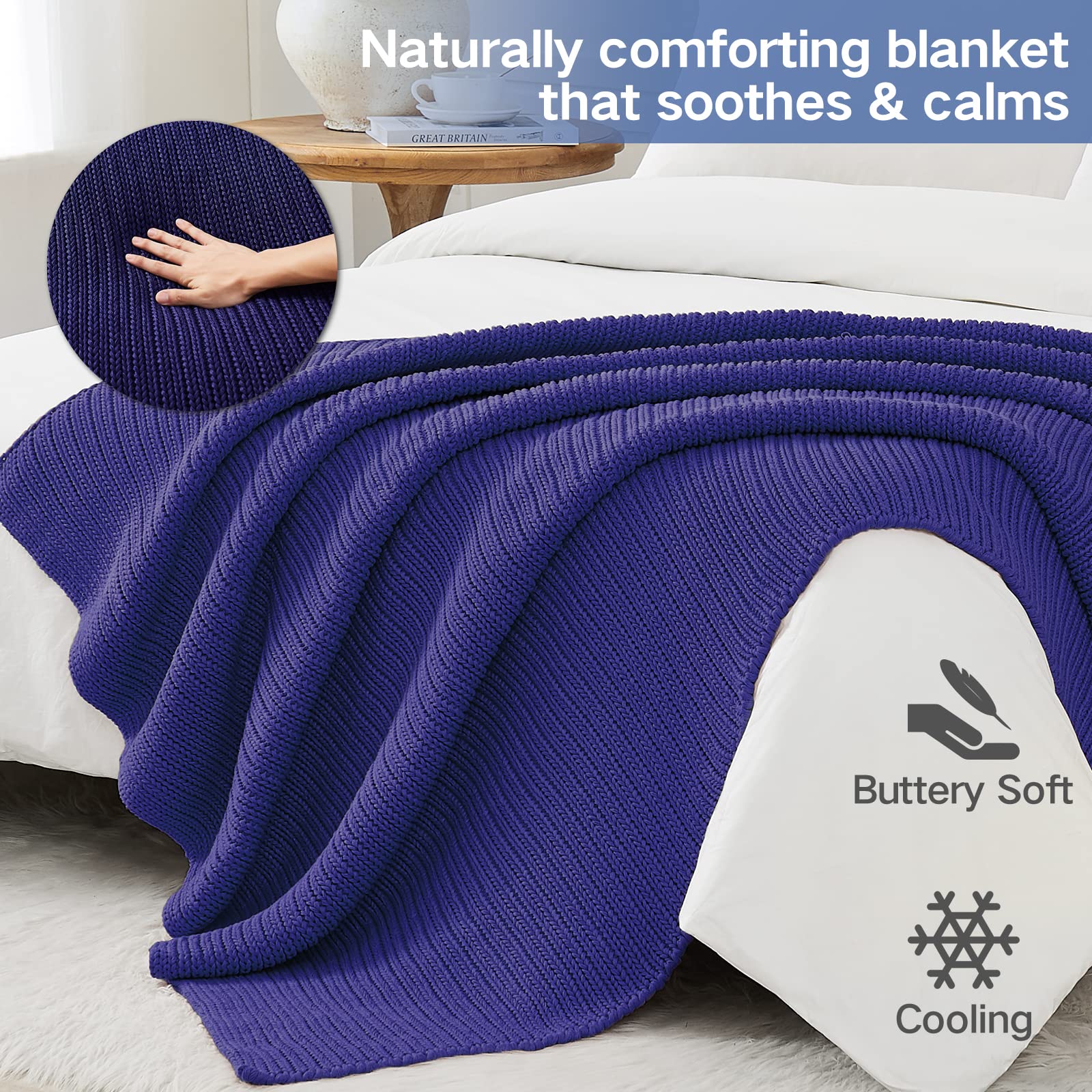 Guohaoi Knitted Weighted Blanket(Dark Blue 50''X60'' 5Lbs),Home D  Cor Cooling Throw Blanket For Hot Sleepers,Hand Made Chunky K