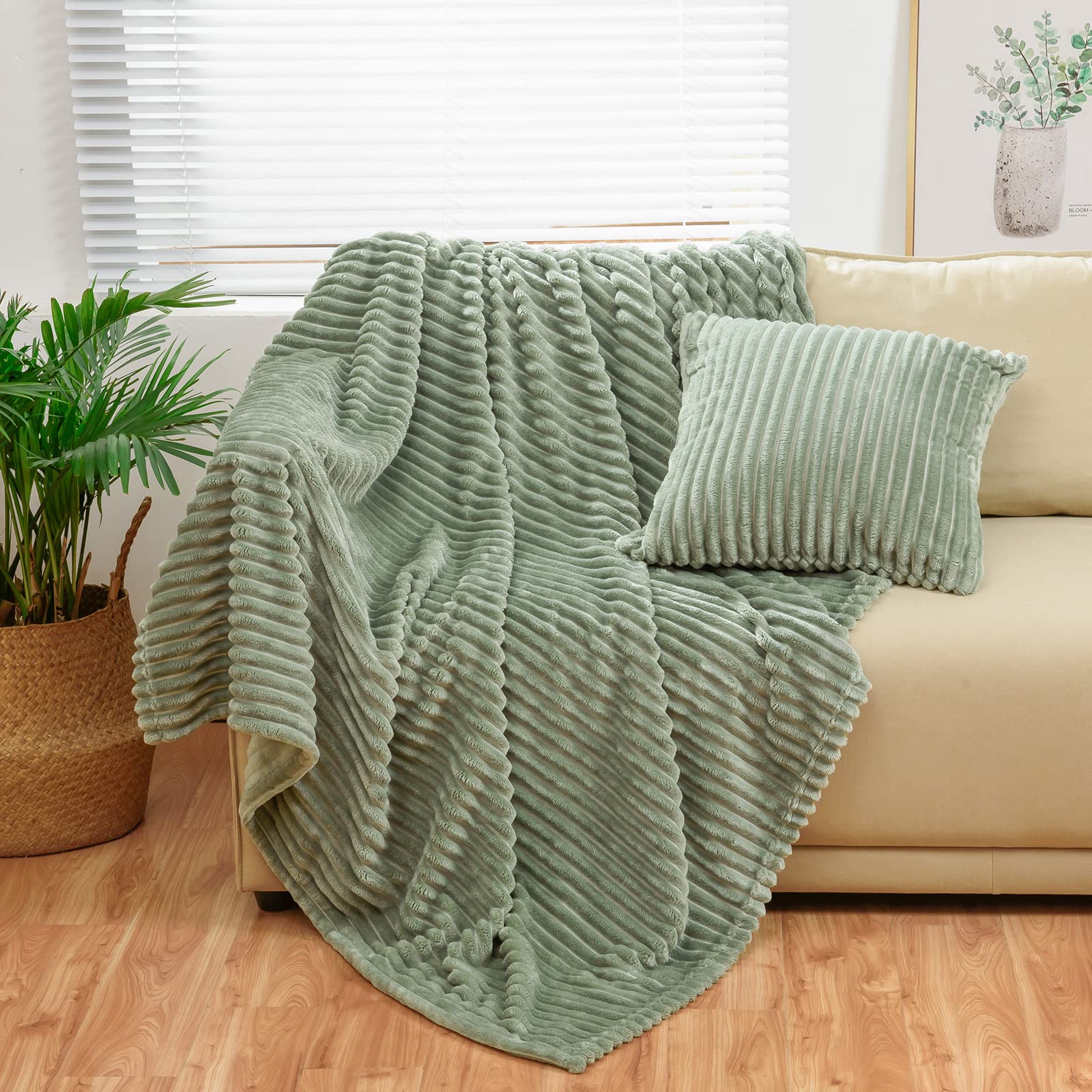 Bnuitland Sage Green Flannel Throw (50X71 Inches) With Throw Pillow Cover(18  18'),300Gsm Super Soft Fleece Stripe Pattern Sofa