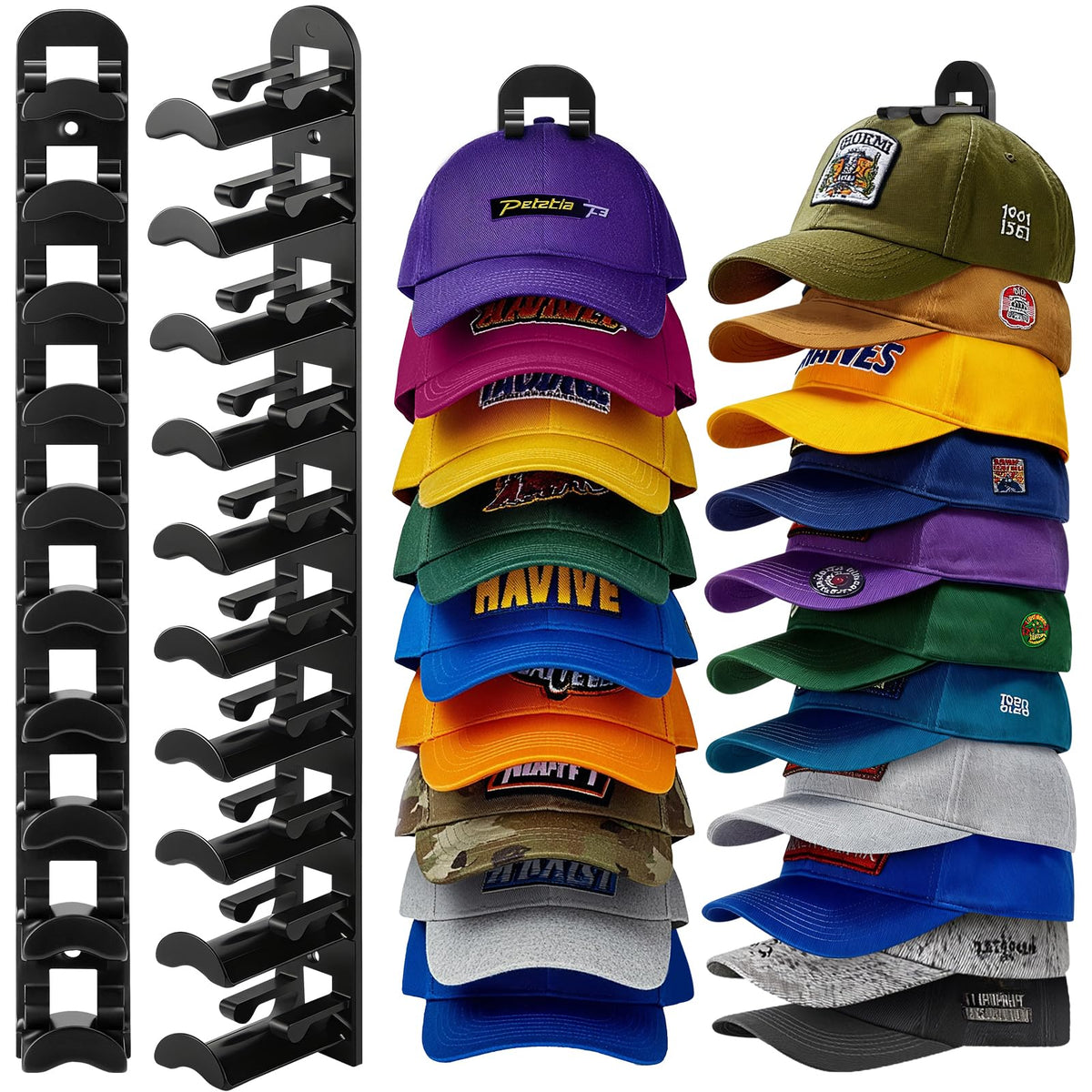 2 Pack Hat Organizer for Baseball Caps, Hat Rack for Wall Hold Up to 20 Hats, Hat Holder with Strong Adhesive and Screws, Hat Or
