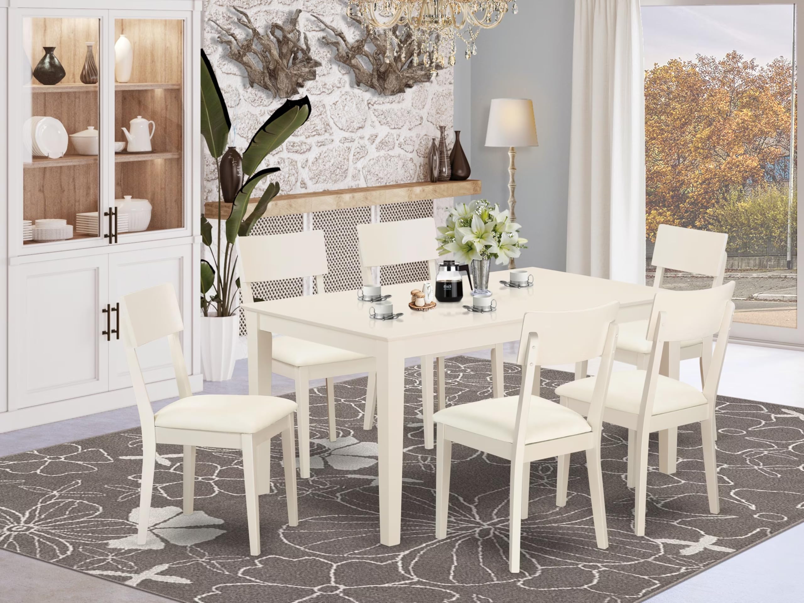 East West Furniture Caad7-Lwh-Lc 7 Piece Dining Table Set Consist Of A Rectangle Wooden Table And 6 Faux Leather Dining Room Chairs, 36X60 Inch, Linen White