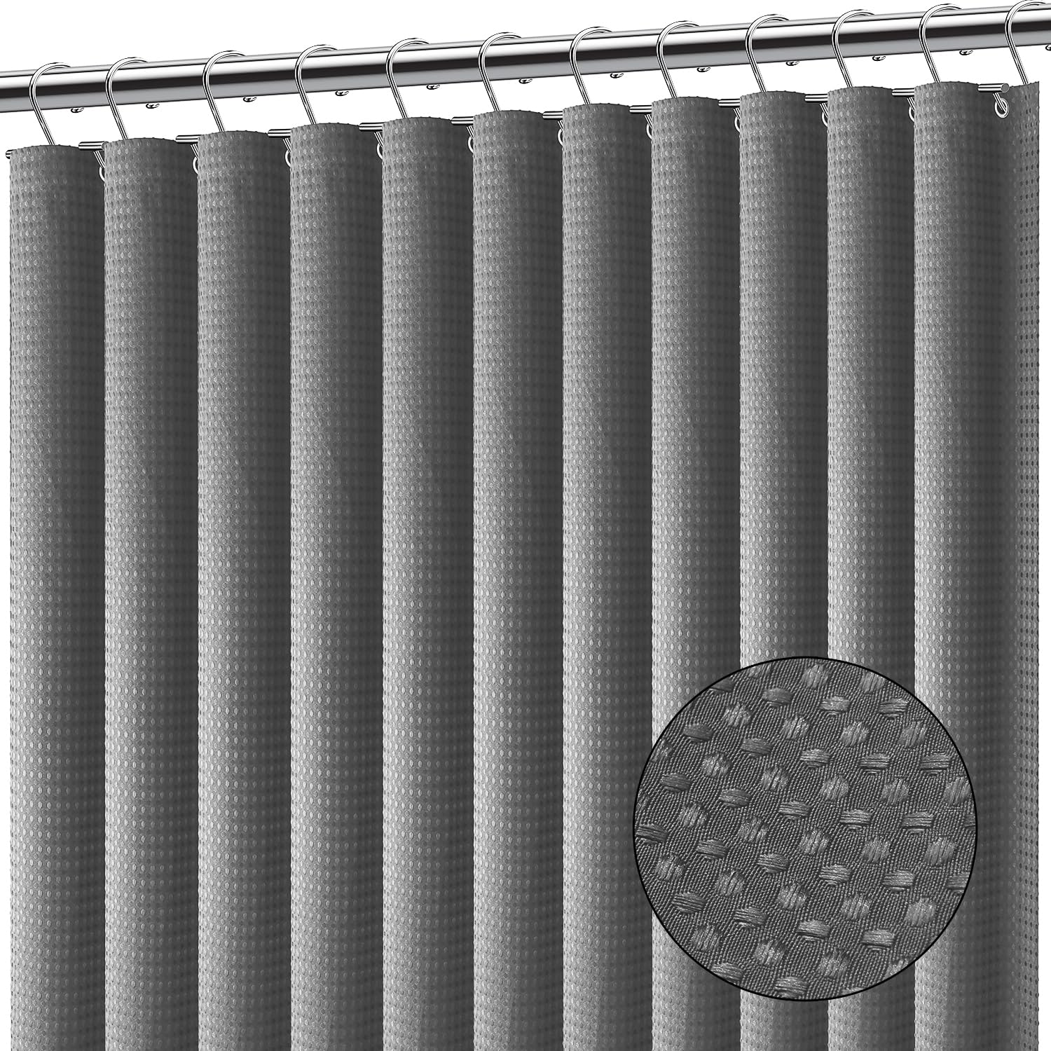 Clara Clark Grey Shower Curtain - Waterproof Shower Curtains For Bathroom, Waffle Shower Curtain Fabric, Heavy Duty Bathroom Cur