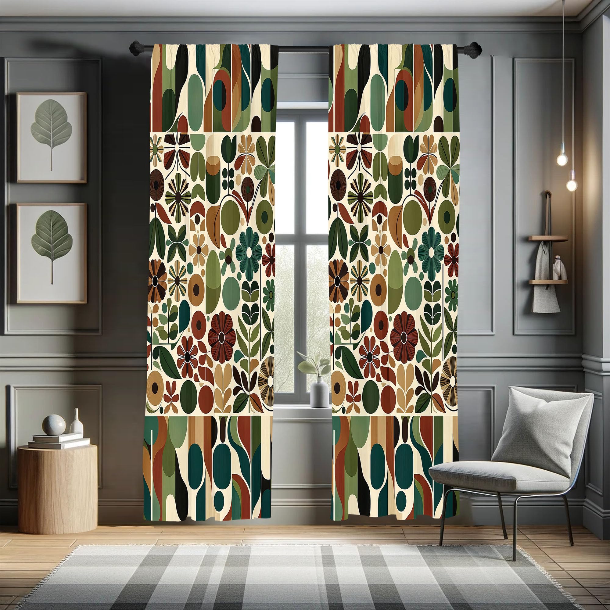 Ambesonne Scandinavian Window Curtains, Abstract Geometric Art Of Leaves And Flowers With Bohemian Feel, Lightweight Decor 2-Pan