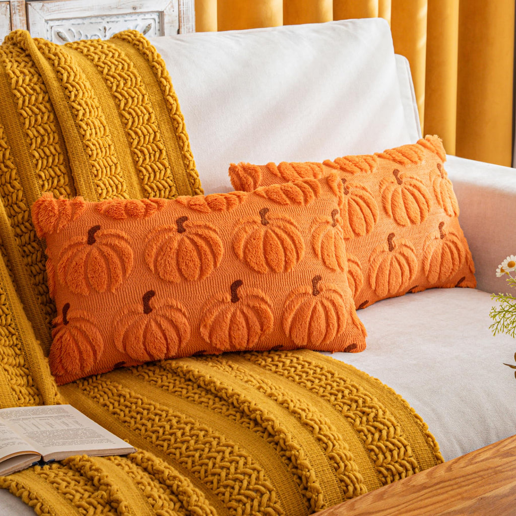 COSIBONO Pumpkin Fall Decorative Throw Pillow Covers 12'x20', Set of 2 Orange Brown Soft Faux Fur Pillow Covers for Autumn Har