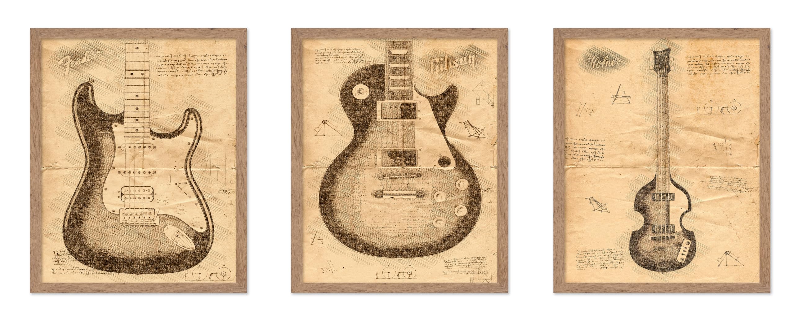 Poster Master 3-Piece Vintage Music Poster - Retro Instrument Print - Gift for Musician, Friend - Electric Guitar, Blueprint, Pa