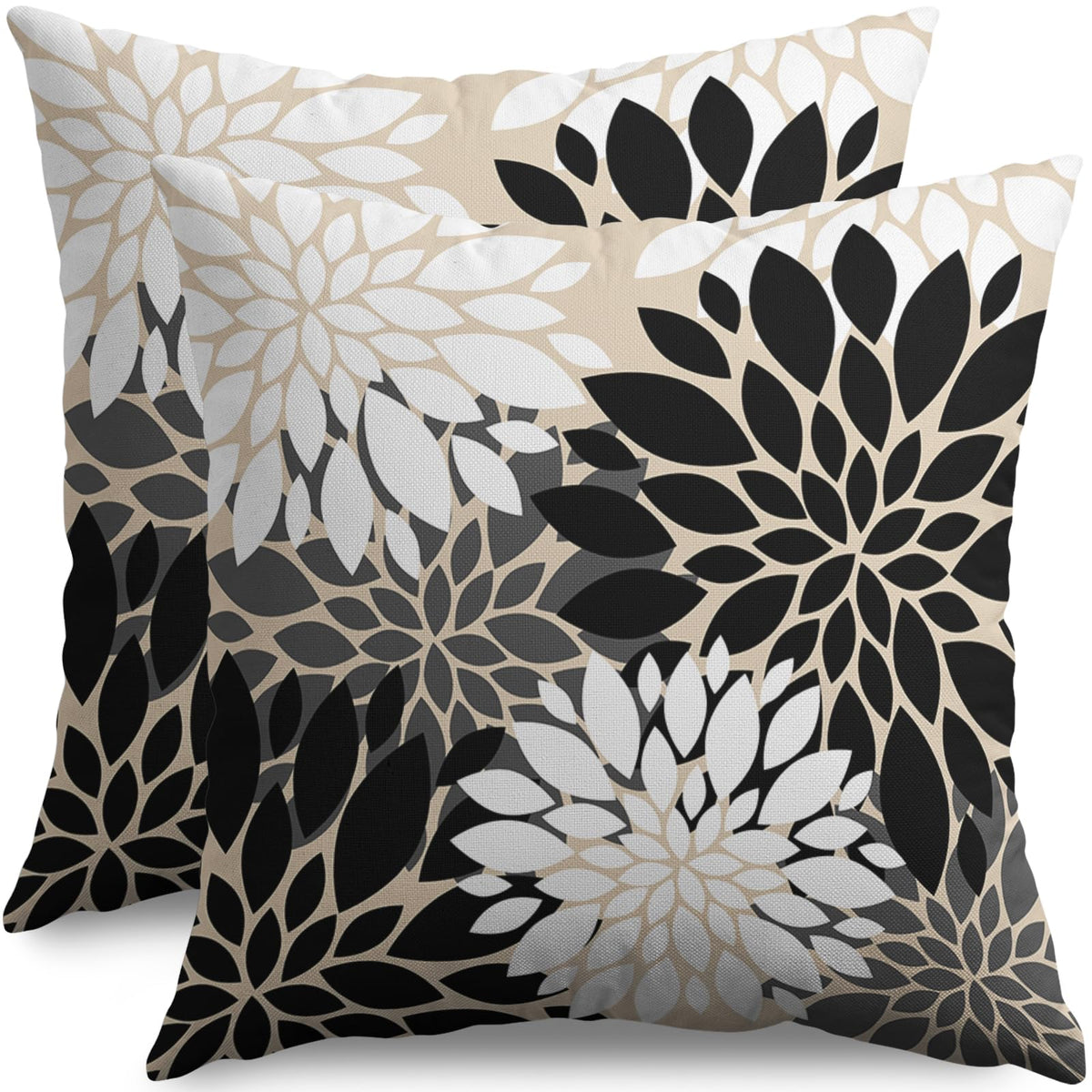 Smozenith Black White Grey Gray Pillow Covers 18X18 Inch Set Of 2, Modern Geometry Dahlia Floral Print Decorative Throw Pillow C