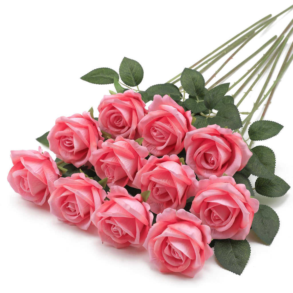 Fake Roses Artificial Silk Flowers - 12 Pcs Pink Roses Artificial Faux Flowers With Stems For Home Wedding Centerpiece Hotel Off