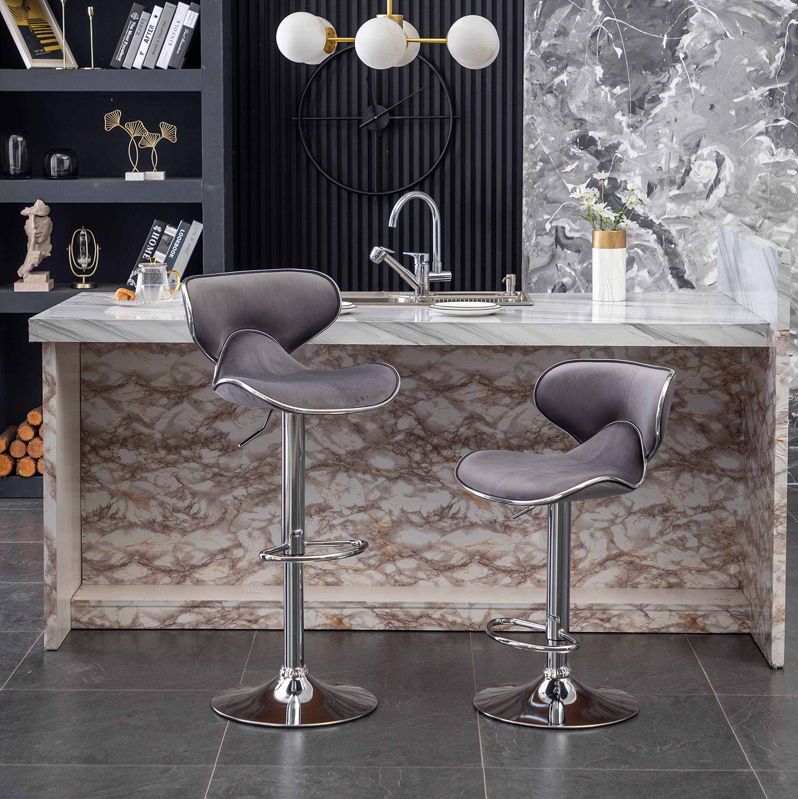 Masaccio Velvet Upholstered Adjustable Swivel Barstool, Set Of 2, Gray