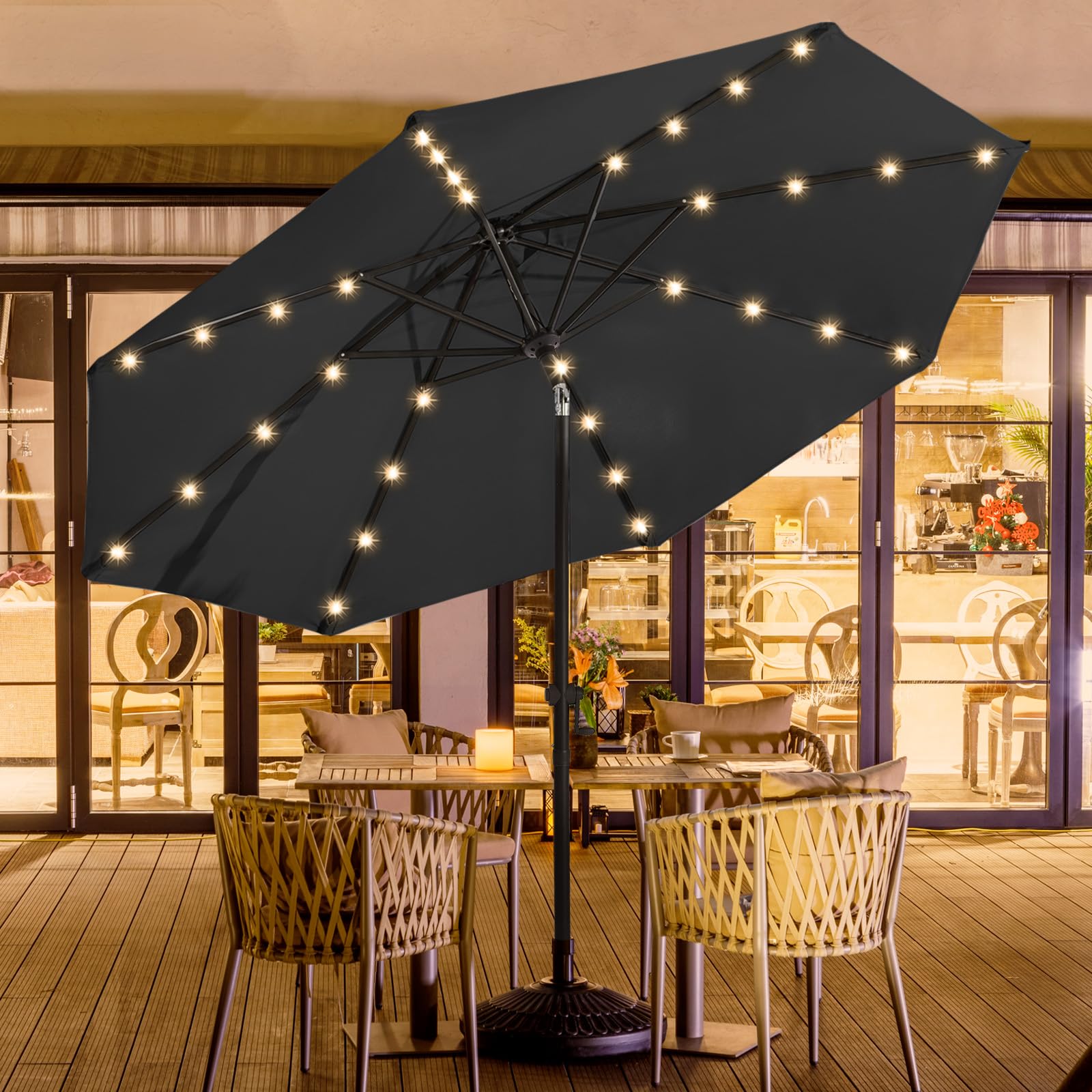 Wikiwiki 10Ft Solar Led Patio Table Umbrella, Sturdy Outdoor Market Umbrella For Deck, Pool, Garden W/Tilt, Crank, 32 Led Lights