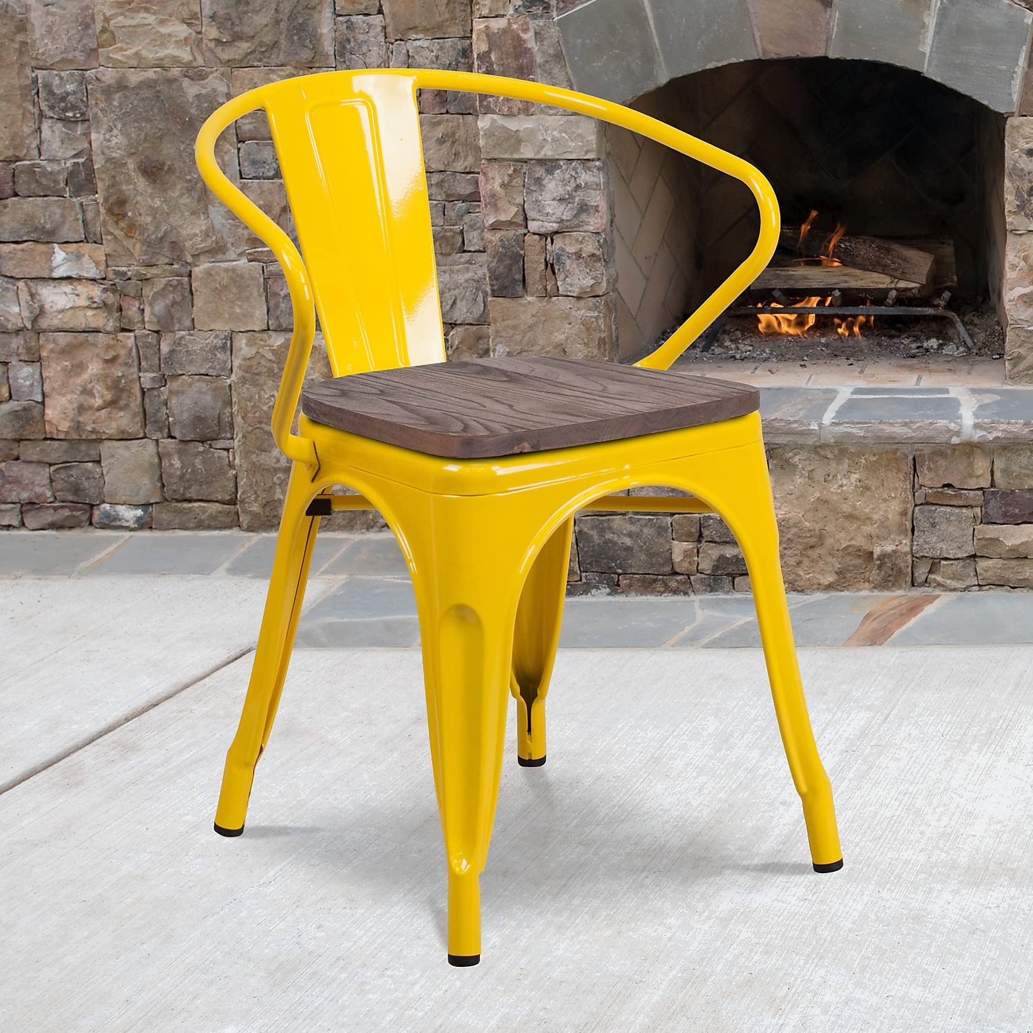 Flash Furniture Yellow Metal Chair With Wood Seat And Arms
