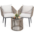 Kromax Boho 3 Piece Bistro Set, Modern Outdoor Wicker Patio Furniture With Tempered Glass Table Top And 2 Chairs, Washable Cushions, Natural Rattan And Black Cushion