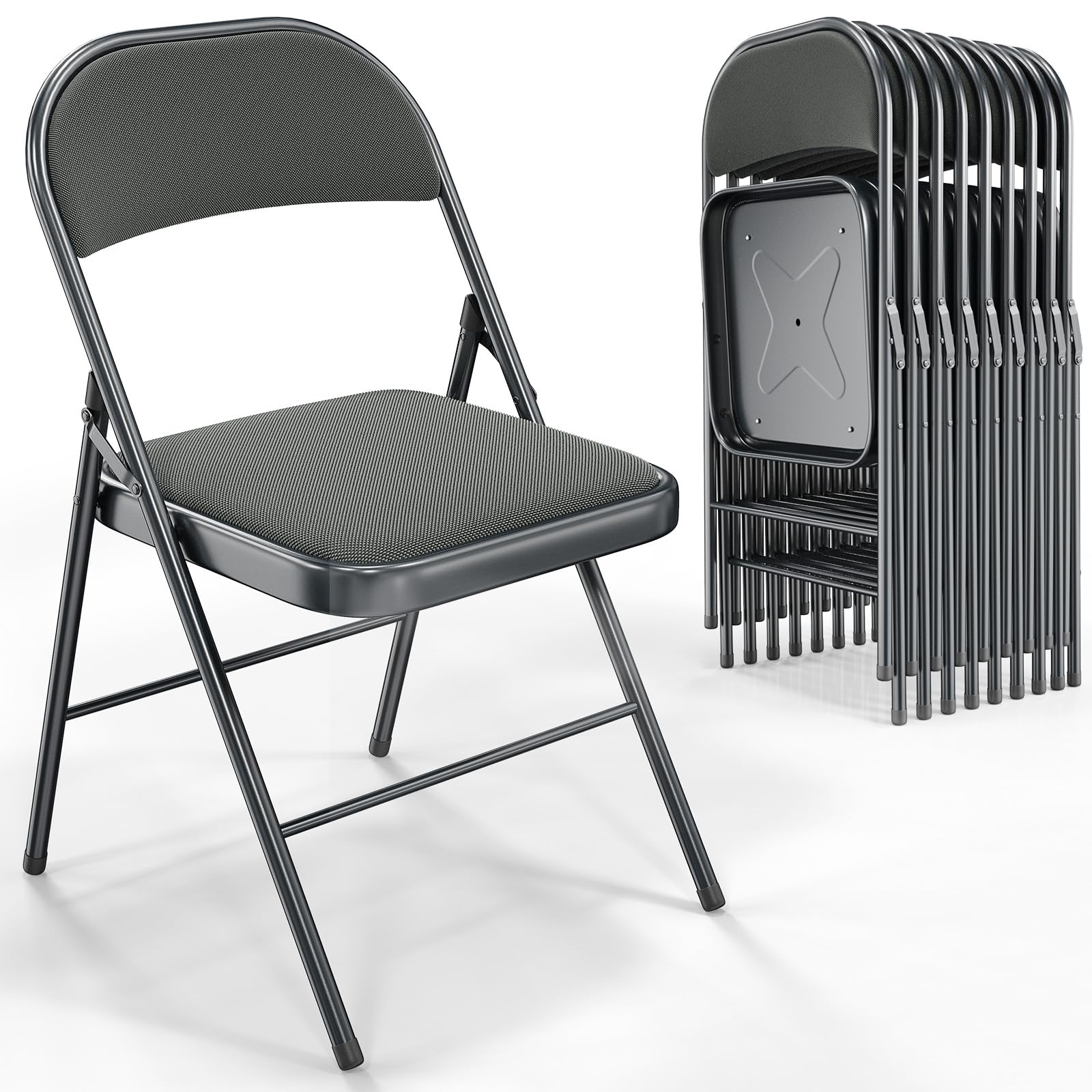 Vingli Folding Chairs With Padded Seats, Metal Frame With Fabric Seat & Back, Capacity 350 Lbs, Gray, Set Of 10