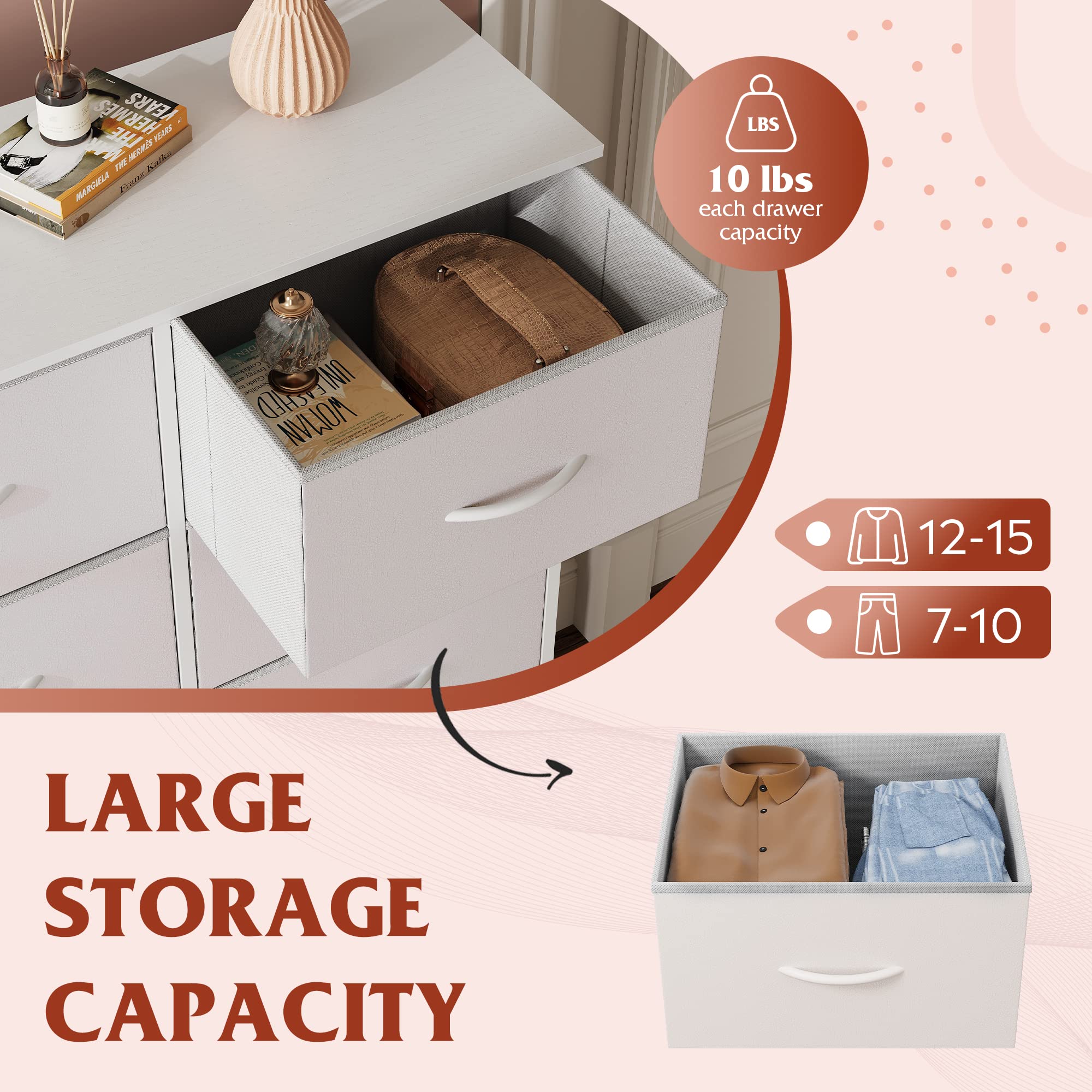 Wlive Fabric Dresser For Bedroom With 10 Drawers, Tall Chest Of Drawers, White Dressers Bedroom Furniture, Storage Organizer Unit With Bins For Closet, Hallway, Living Room, Entryway