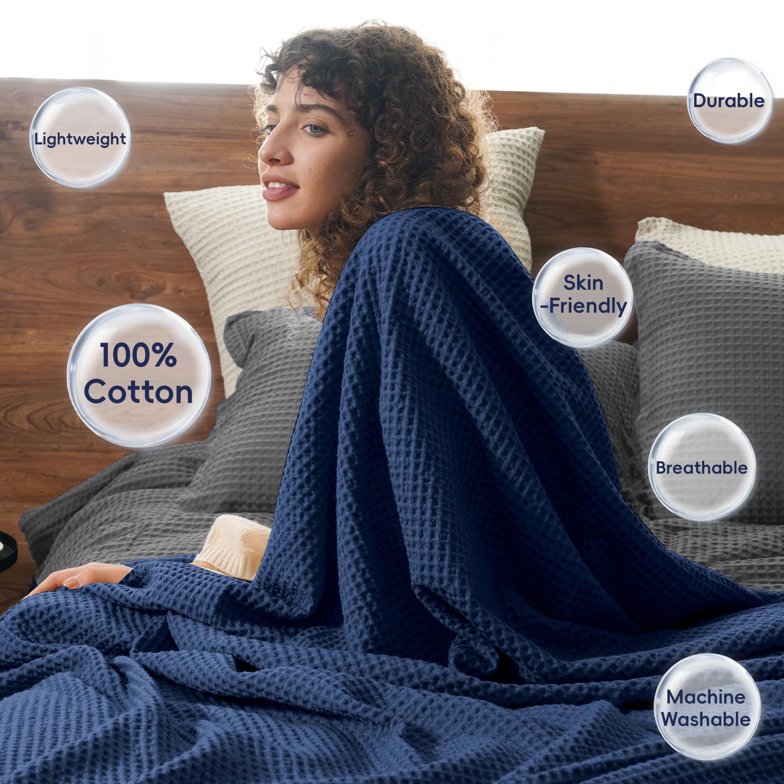 Phf 100% Cotton Waffle Weave Blanket Twin Size 66'X90' - Lightweight Washed Soft Breathable Blanket -Great Blanket Layer For Couch Bed Sofa - Elegant Aesthetic Roome Decoration - Navy Blue/Bright Blue