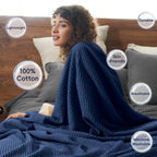 Phf 100% Cotton Waffle Weave Throw Blanket 50'X60'-Lightweight Washed Soft Breathable Blanket For Adults And Kids-Perfect Blanket Layer For Couch Bed Sofa-Elegant Home Decoration-Navy Blue