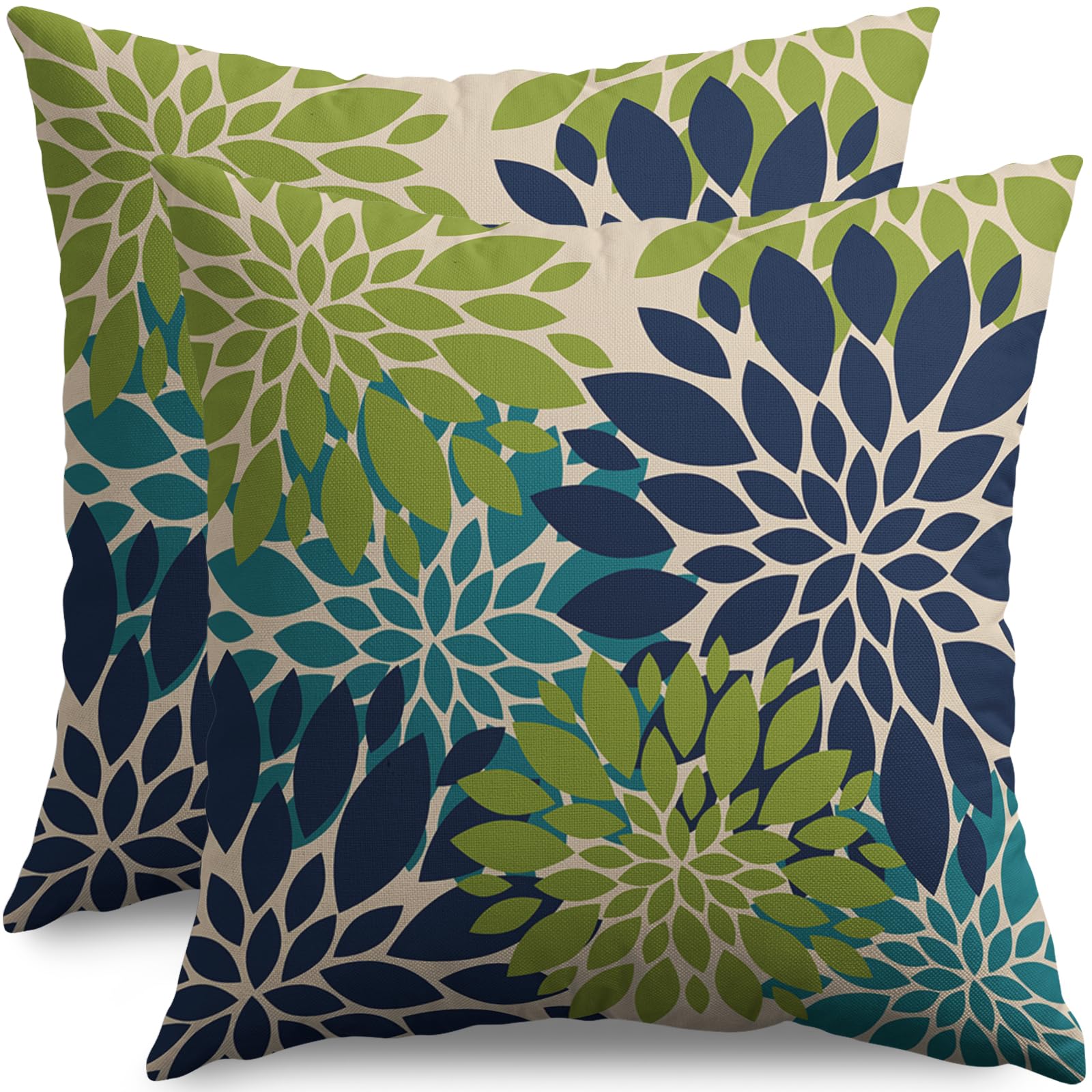 Smozenith Navy Blue Green Teal Pillow Covers 20X20 Inch Set Of 2, Modern Geometry Dahlia Floral Print Decorative Throw Pillow Co