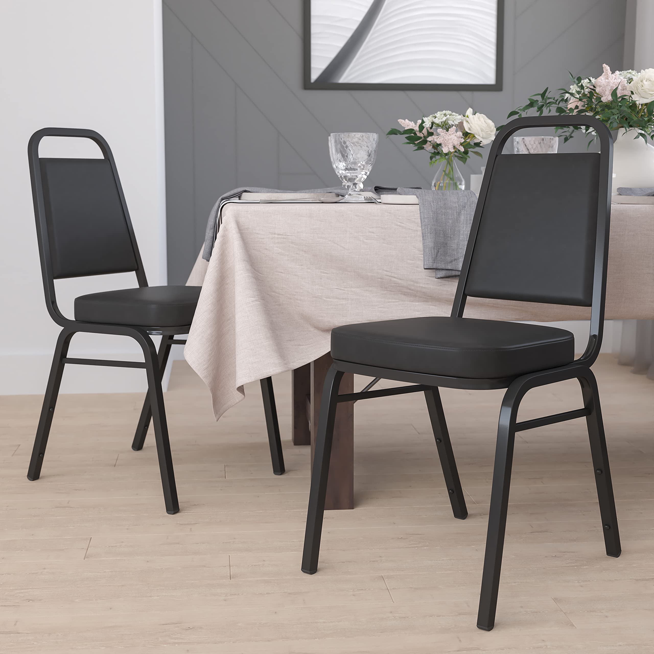 Flash Furniture Hercules Series Trapezoidal Vinyl Banquet And Event Chairs, Commercial Event Chairs With Padded Seats And Backs, Set Of 4, Black