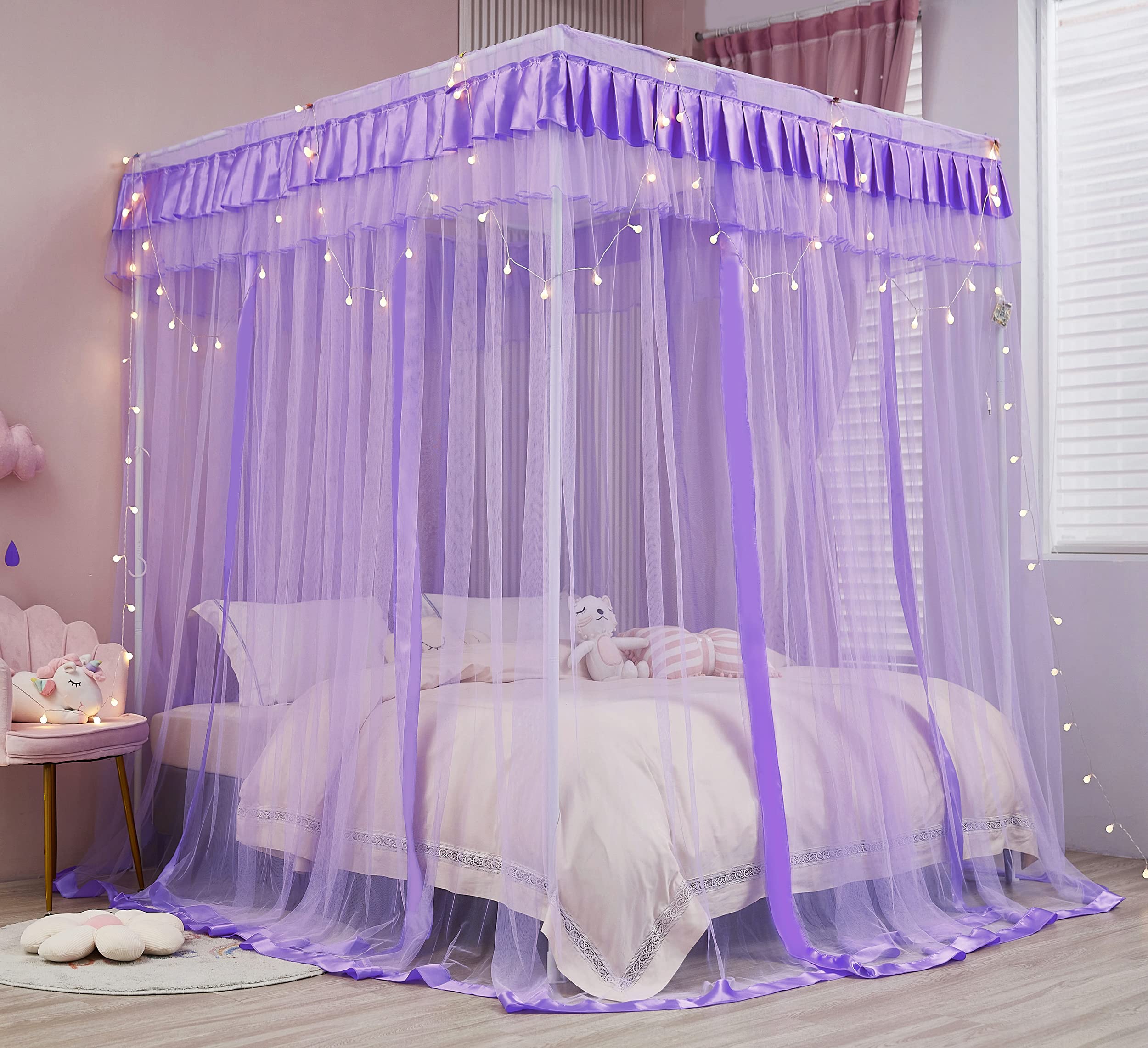 Mengersi Canopy Bed Curtains Queen Size - Bed Canopy Curtains - 4 Opening Canopy For Bed- Cute Princess Bedroom Decoration Gift