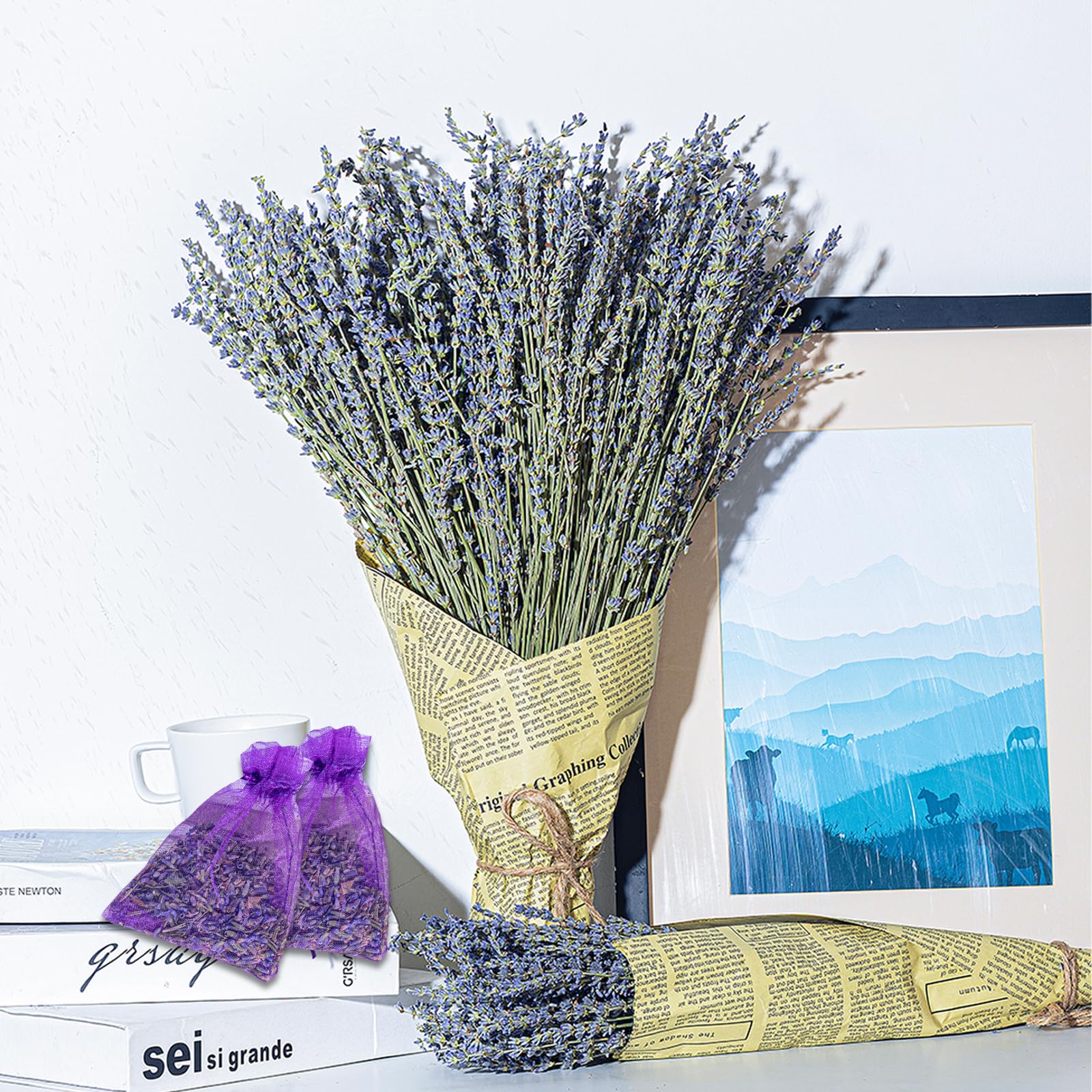 Bnecnet Dried Lavender Bundles Sachets | 2 Bundles of 200 Stem & 2 Dried Lavender Sachets | Natural Dried Lavender Flowers Bouqu