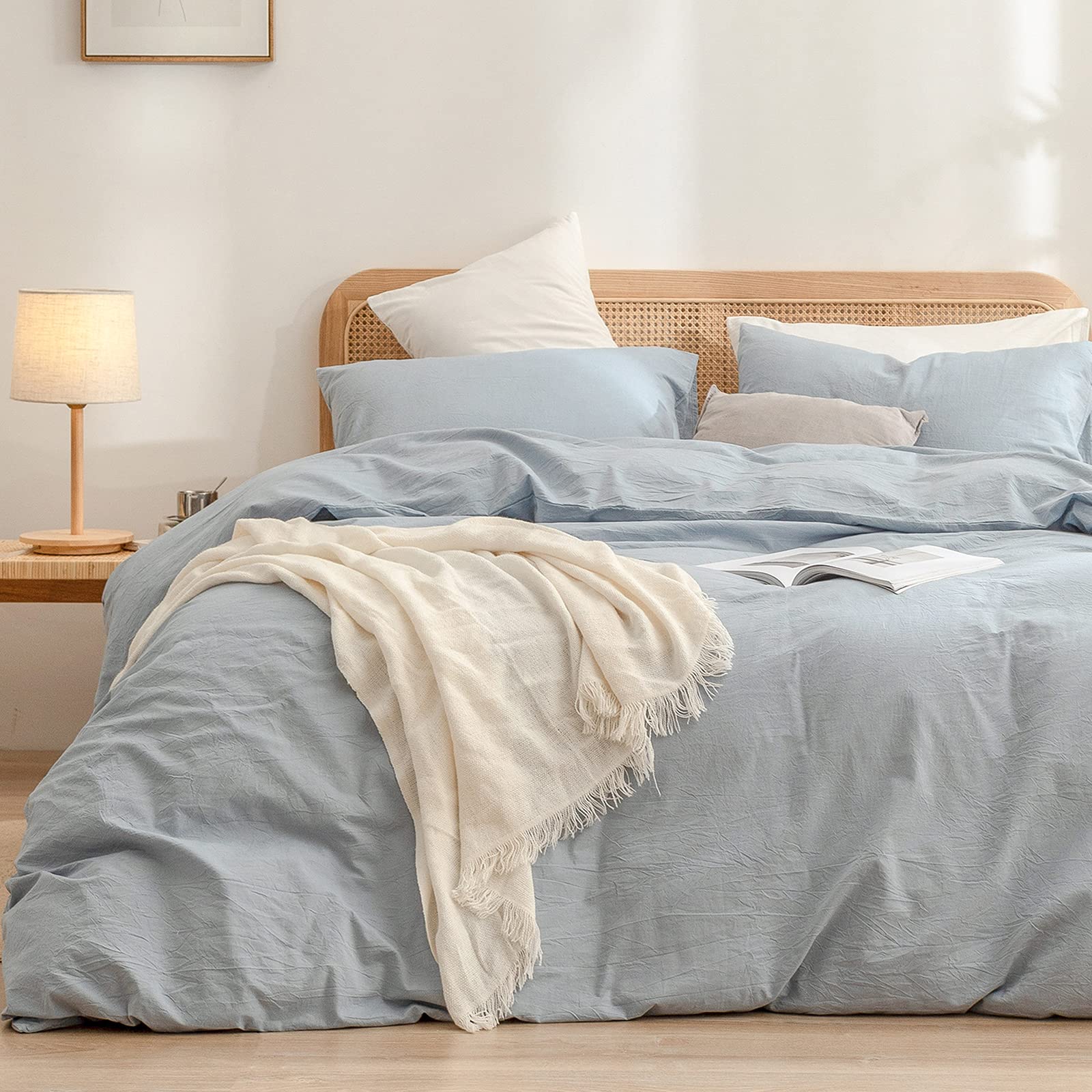 Bestouch Duvet Cover Set 100% Washed Cotton Linen Feel Super Soft Comfortable Chic Lightweight 3 Pcs Home Bedding Set Cornflower