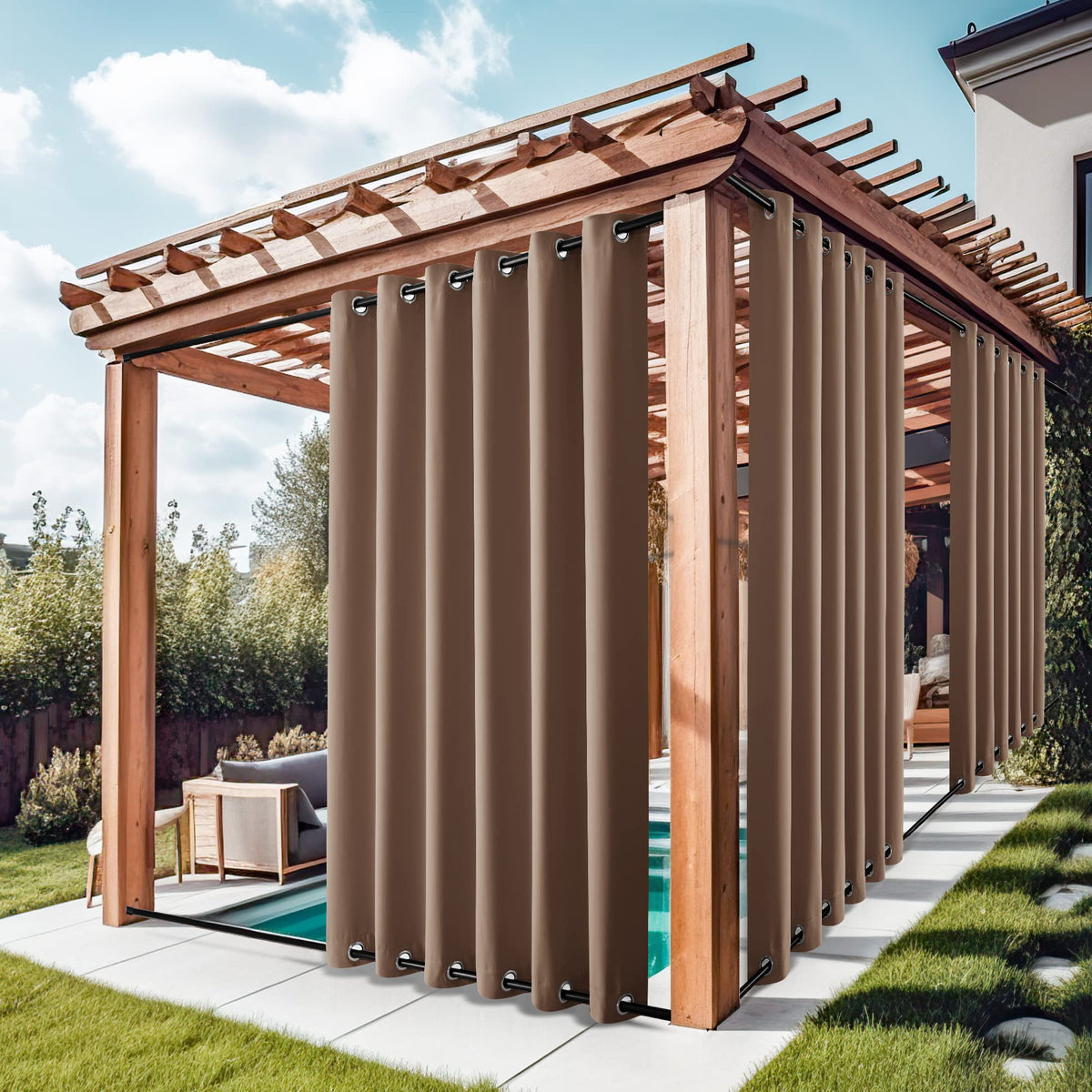 Nicetown Waterproof Weighted Outdoor Curtains Grommet Top & Bottom 2 Panels, Fixed Wind-Break Keep Warm Outdoor Patio Curtains B