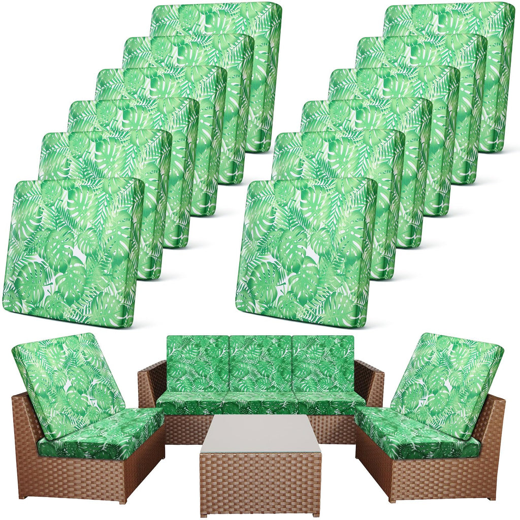 Newwiee 12 Pcs Patio Stretch Sofa Cushion Covers Outdoor Cushion Cover Replacement Couch Slipcover Sofa Seat Cover Flexibility Chair Cushion Cover Porch Patio Furniture Protector (Green,Monstera)