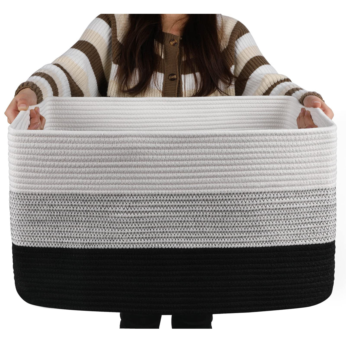 Oiahomy Large Blanket Basket, Rectangle Woven Baskets For Storage, Nursery Blanket Basket Living Room, Toy Basket With Handle, Large Baskets For Organizing-22”X17”X12”-Gradient Black