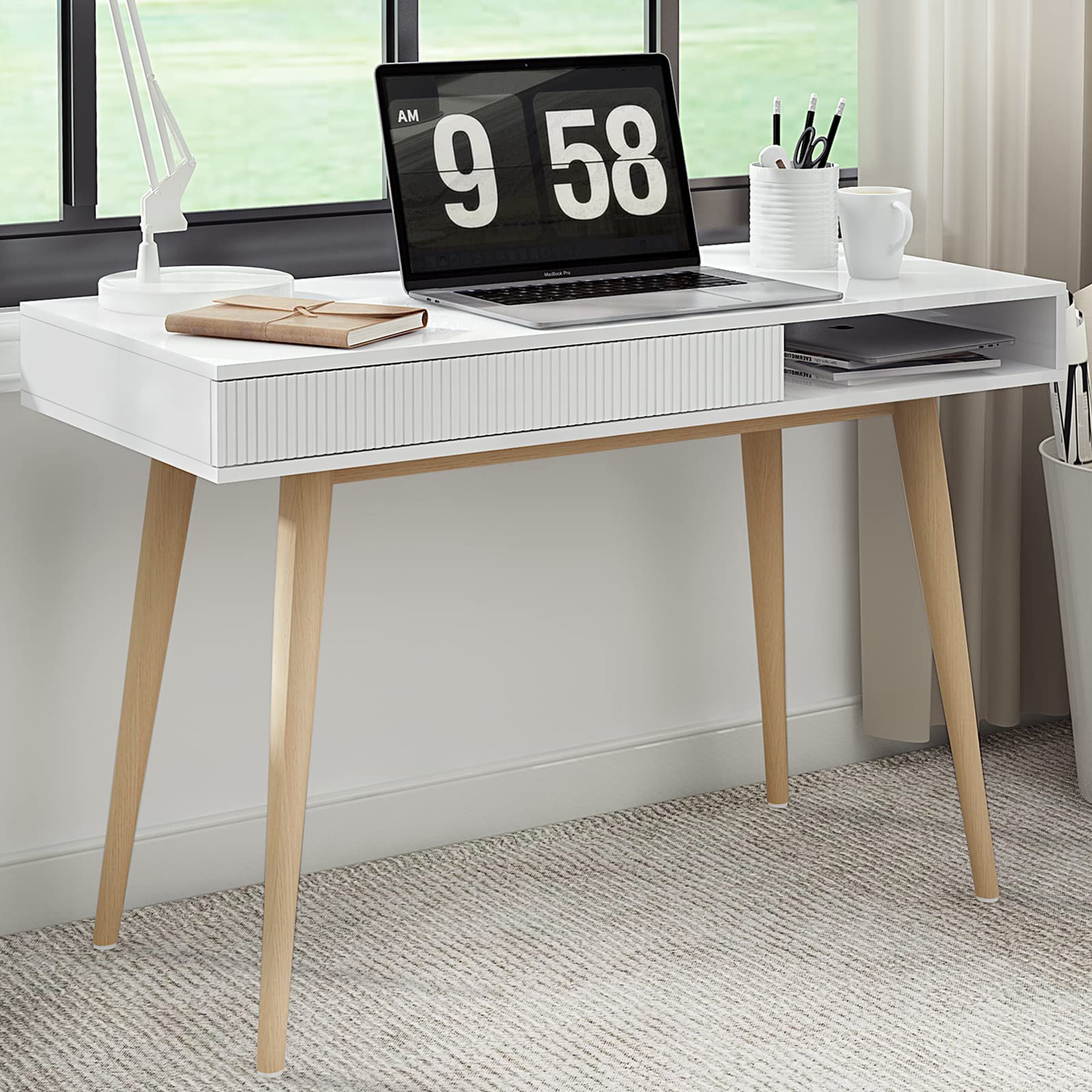 Artswish White Desk Mid Century Modern Desk Wooden Desk With Drawer Small Office Desk Mid Century Computer Desk White Makeup Table
