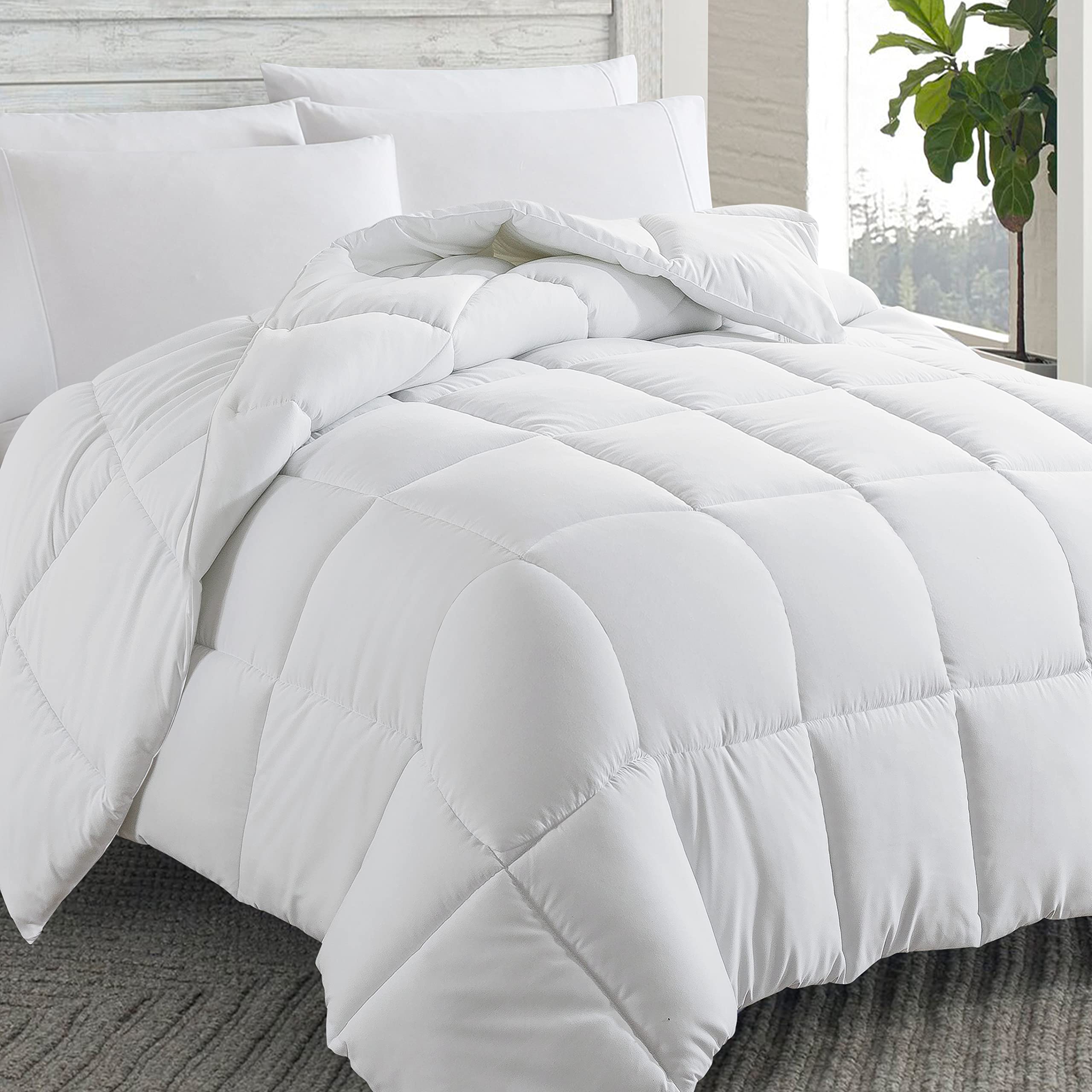 Cosybay Down Alternative Comforter (White, King) - All Season Soft Quilted King Size Bed Comforter - Duvet Insert With Corner Ta