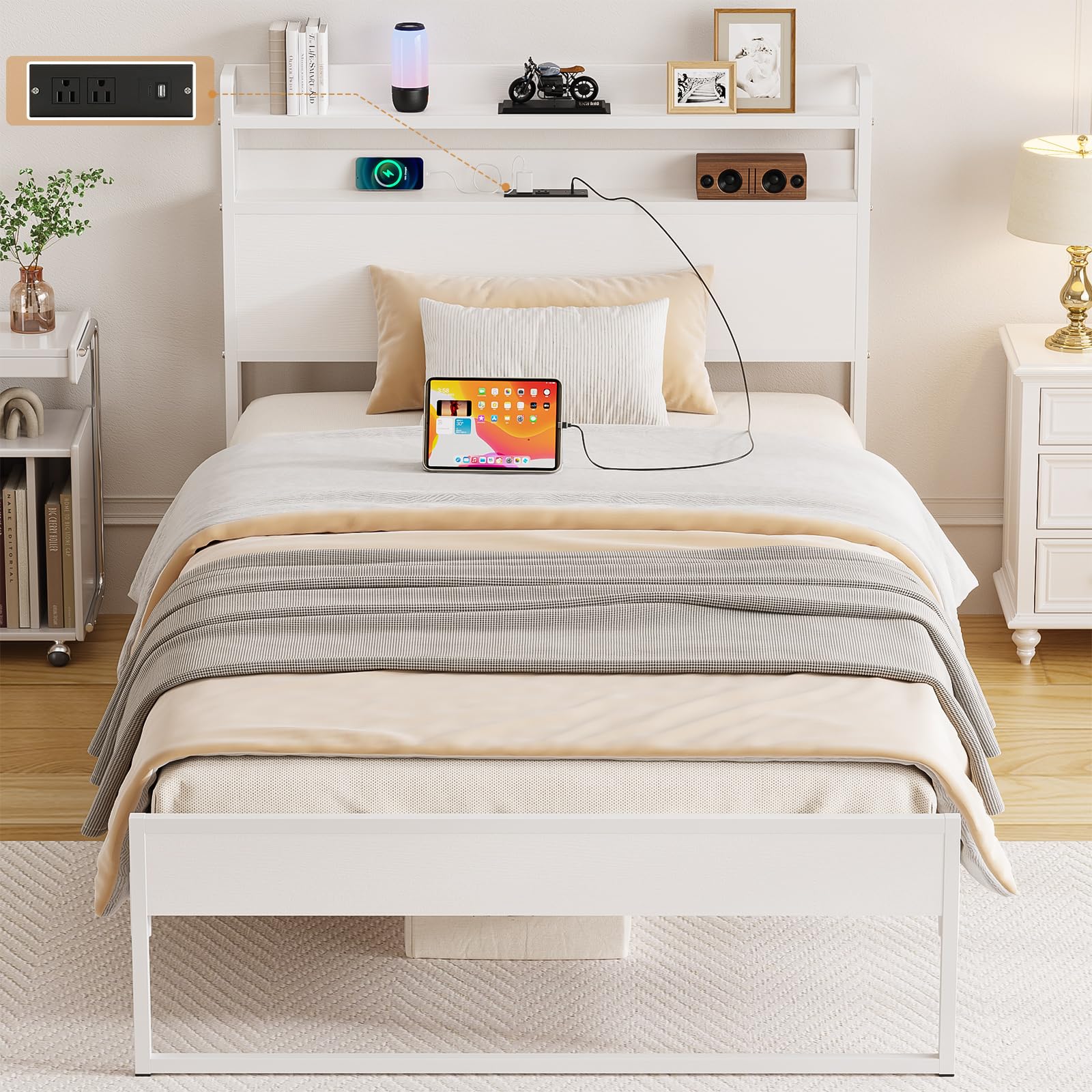Elephance Twin Bed Frames with Charging Station and Storage Headboard, No Box Spring Needed, Noise Free, Easy Assembly