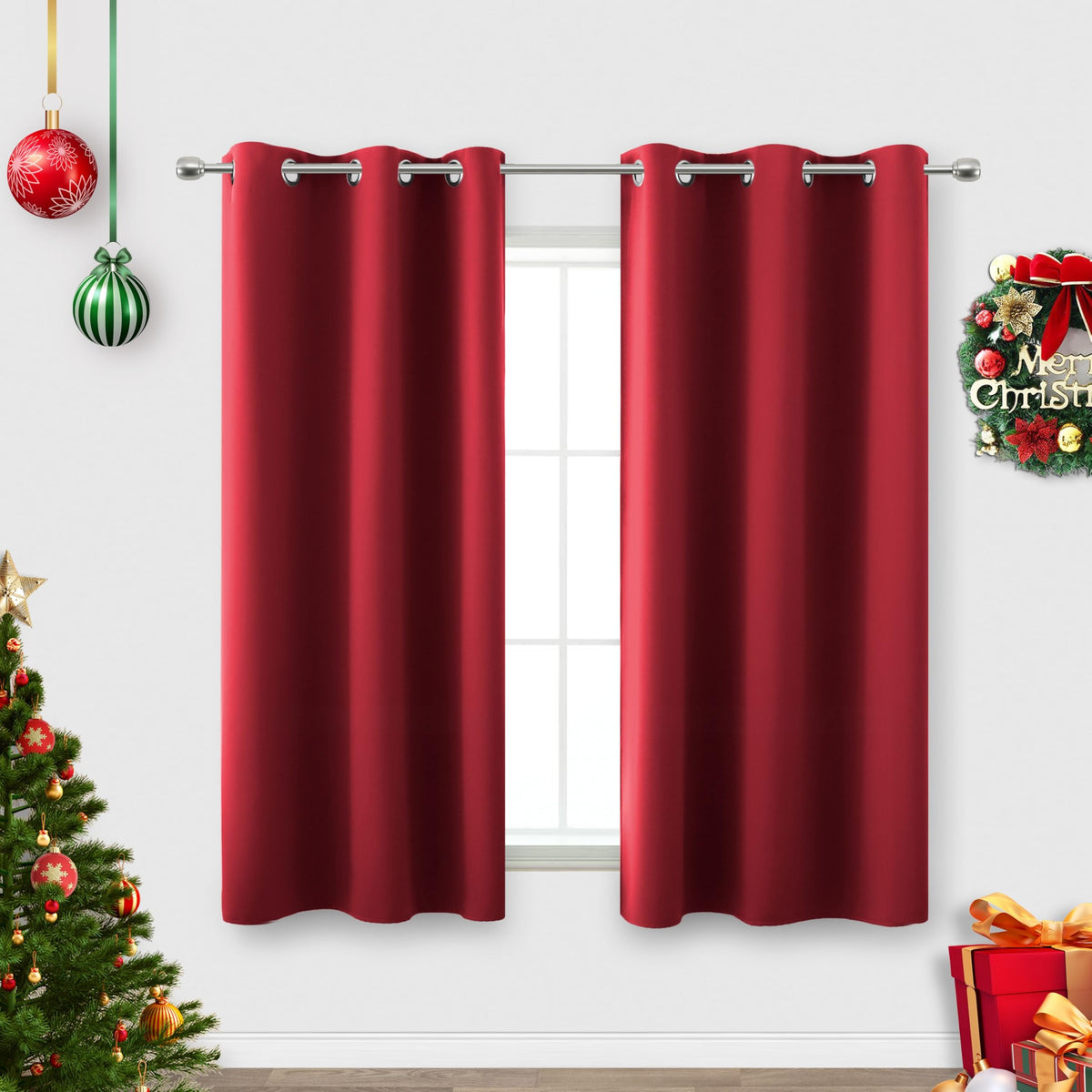 Koufall Red Christmas Kitchen Curtains,Short Blackout Window Curtains For Bathroom,45 Inch Length,Sets Of 2 Piece