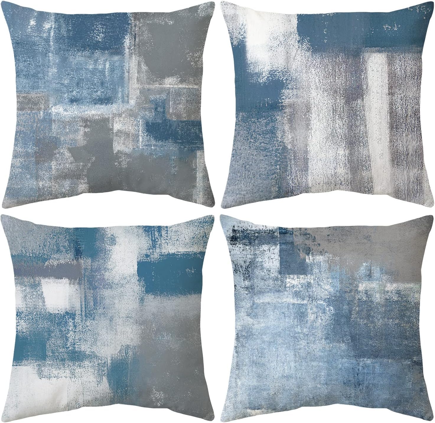 Set Of 4 Blue And Grey Abstract Art Artwork Pillow Cover 20 X 20 Inch, Gallery Modern Decorative Throw Pillows Cushion Cover For