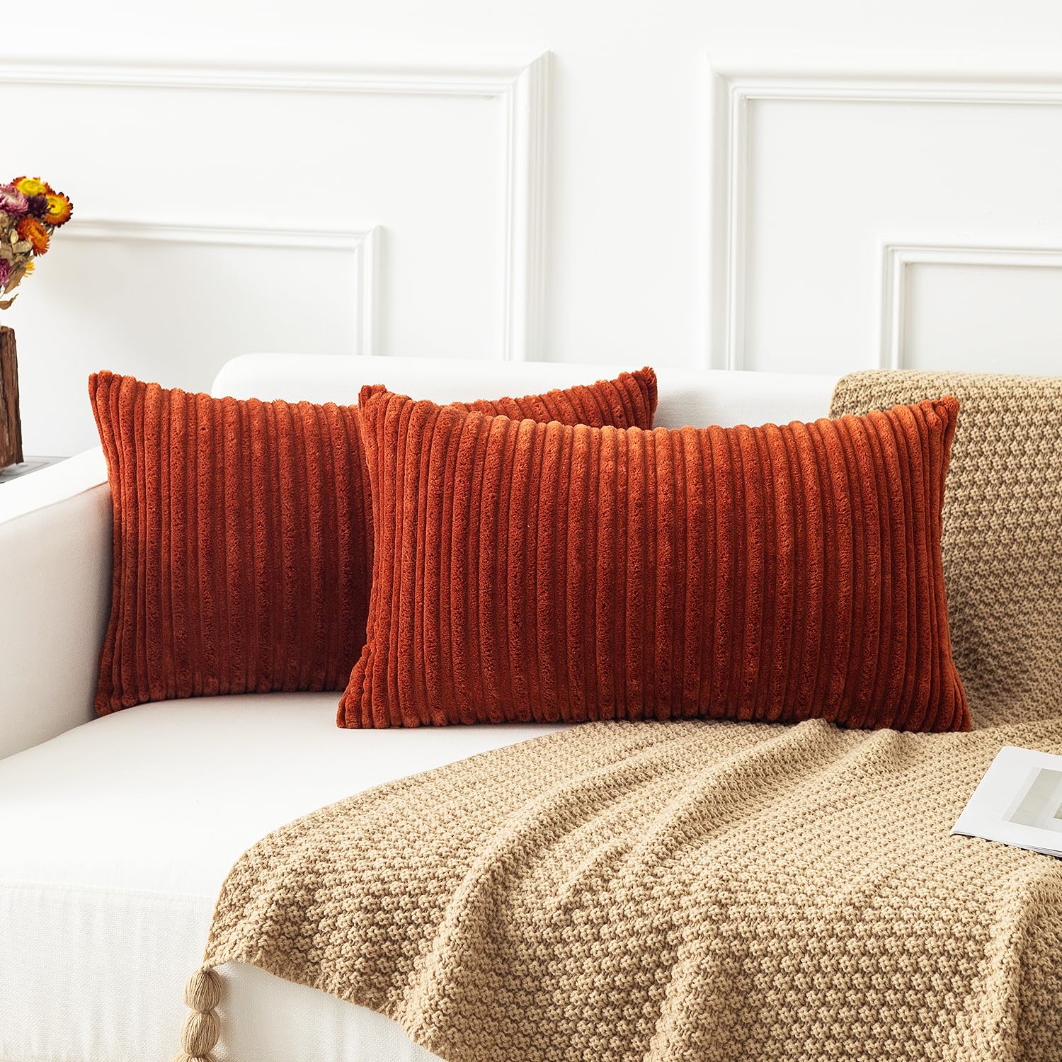 Kevin Textile Fall Lumbar Pillow Covers Solid Striped Velvet Corduroy Couch Chair Autumn Oblong Cushion Cover Throw Pillow For B