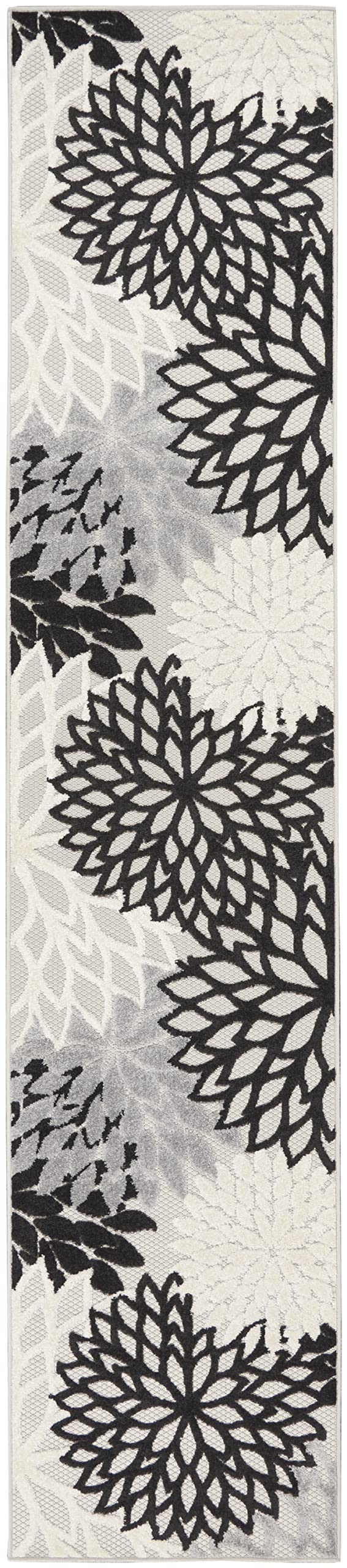 Nourison Aloha Indoor/Outdoor Black White 2'3' X 10' Area Rug, Tropical, Botanical, Easy -Cleaning, Non Shedding, Bed Room, Living Room, Dining Room, Deck, Backyard, Patio (2X10)