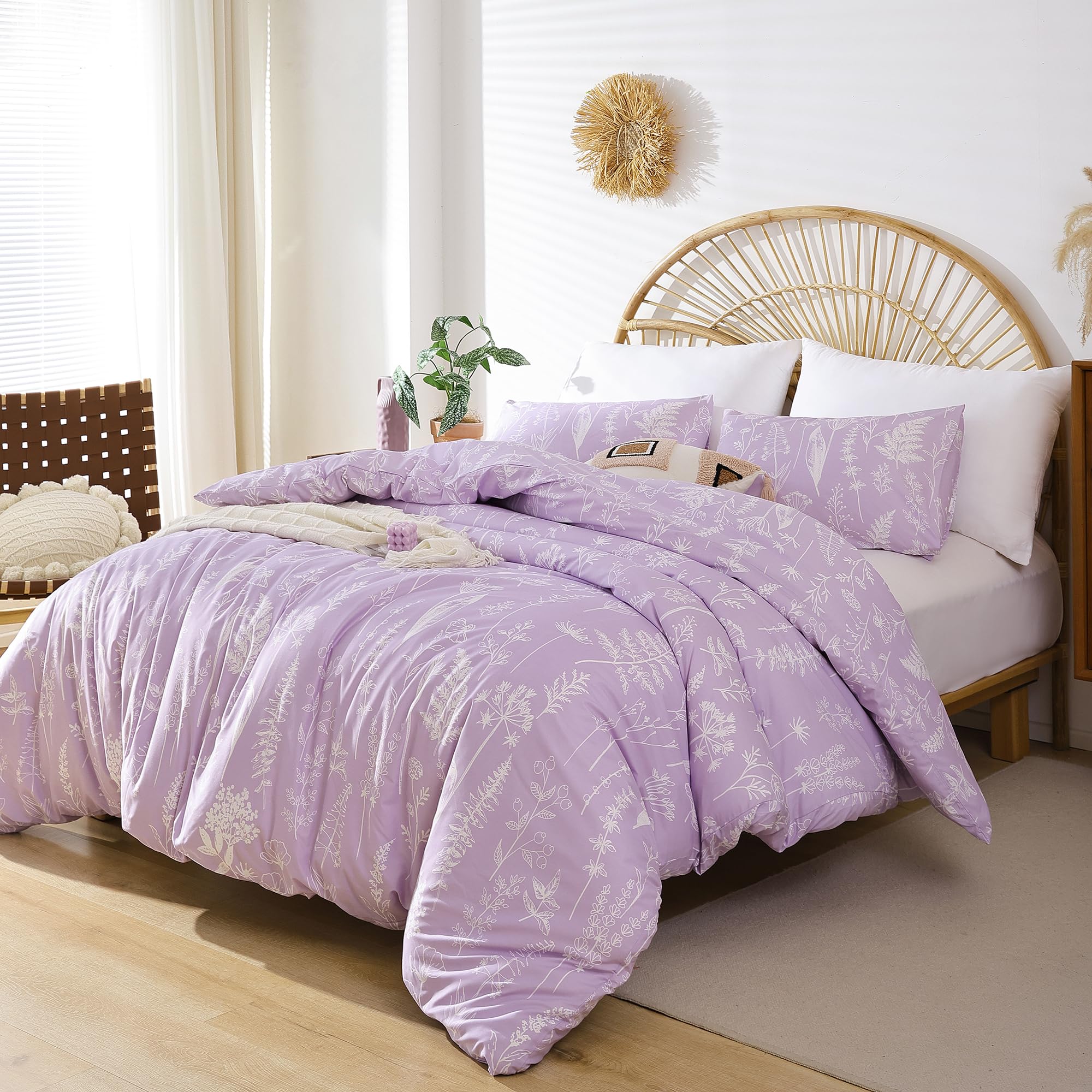 Janzaa King Comforter Set Lavender Comforter Floral Bedding Sets 3 Pieces Flowers Bed Comforter 1 Soft Reversible Cute Botanical With 2 Pillow Shams
